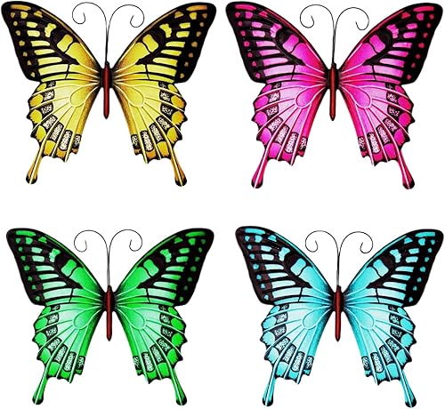 Decoración de pared de mariposa metálica, paquete de 4 esculturas de metal coloridas de mariposa de 10 pulgadas para exteriores, adornos de metal