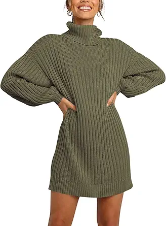 LOGENE Women's Sweater Dress Turtleneck Long Balloon Sleeve Ribbed Knit Oversized Pullover Dresses