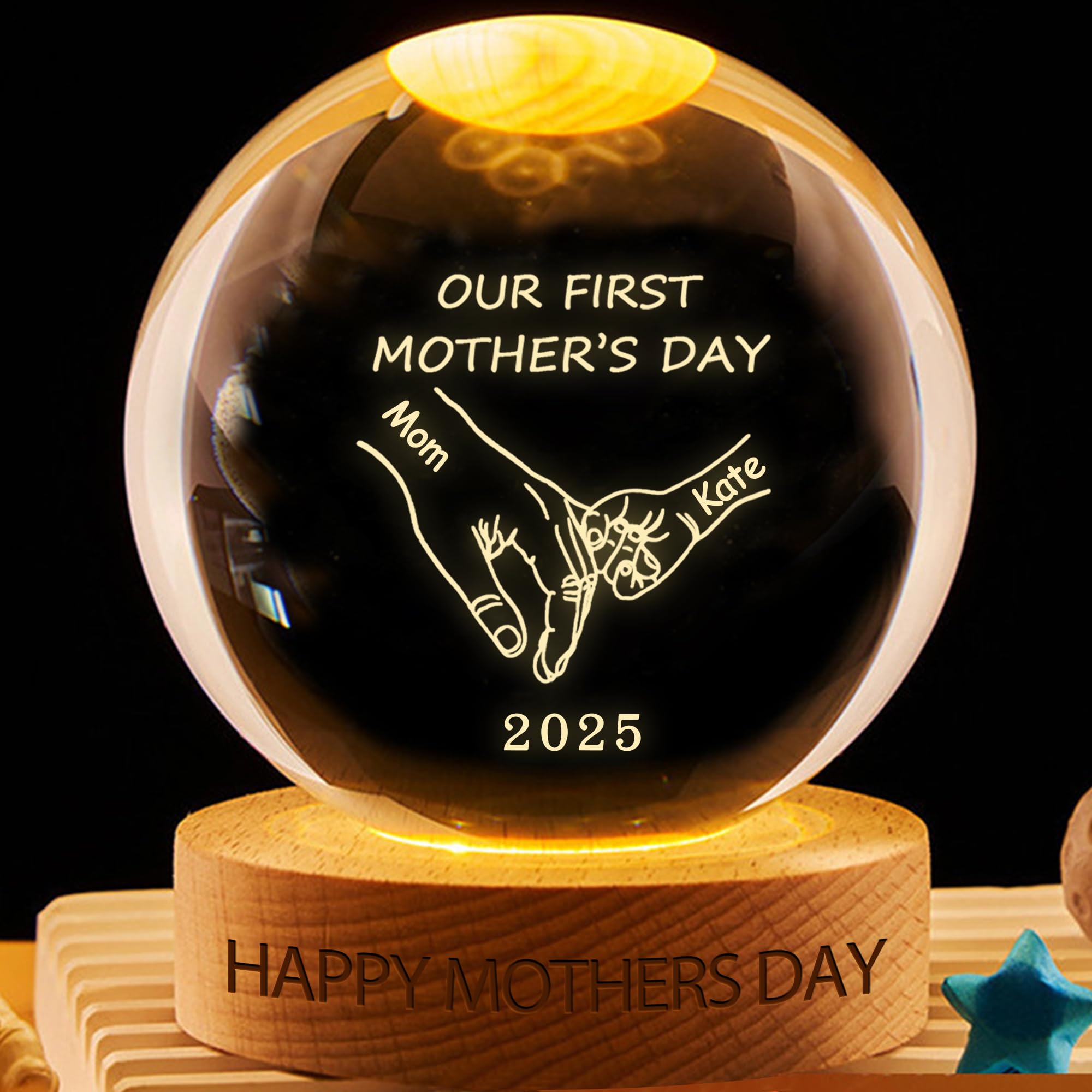 VWCSDSCS Personalized Our First Together Crystal Snow Globe Night Light Custom Mom & Kids Names, 3D LED Lamp with Wooden Base, Bedroom Decor & Sentimental Gifts for New Mom, Baby Shower, Birthdays