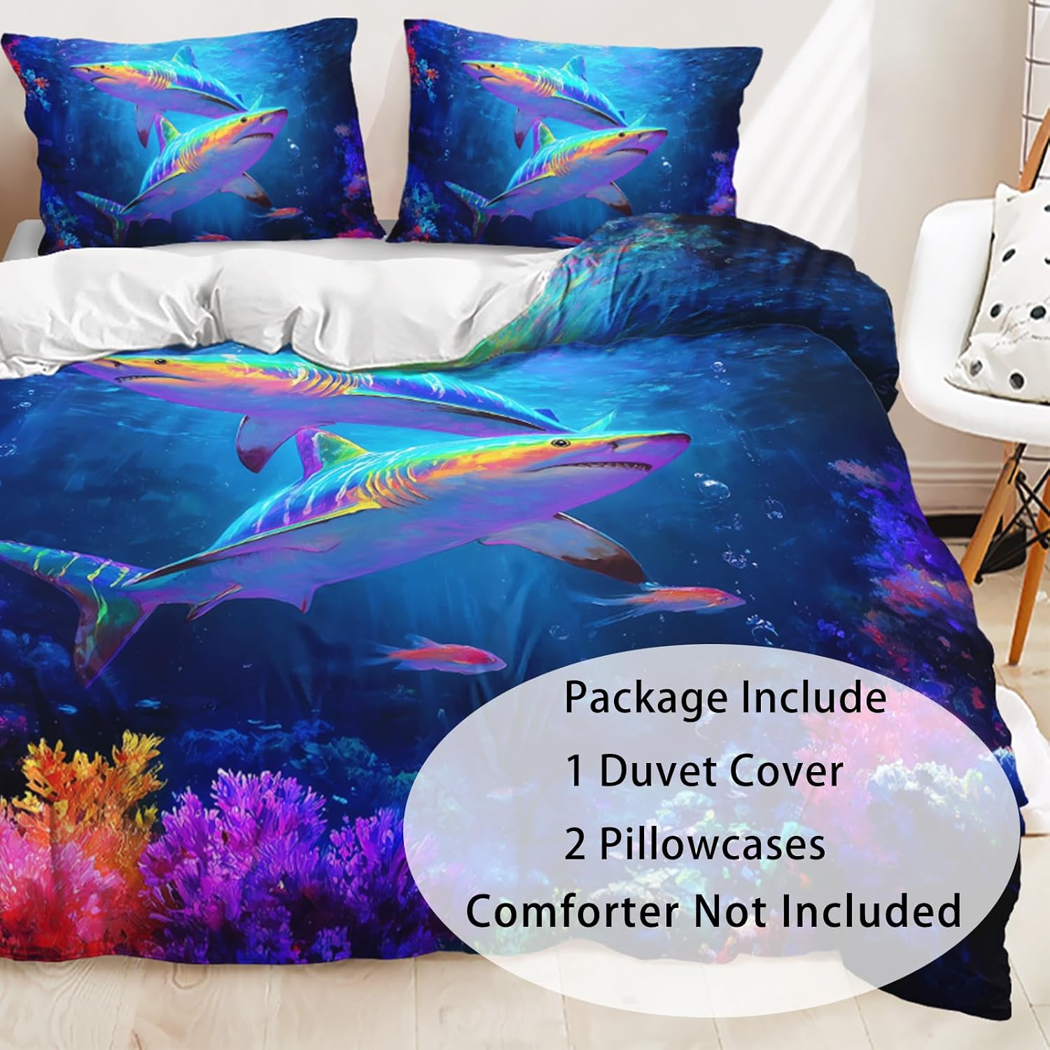 AILONEN Shark Duvet Cover Set Twin Size,Blue Shark Fish Ocean Bedding for Kids Boys Girls,Marine Life Coral Print Comforter Cover with 2 Pillowcases,3Pcs