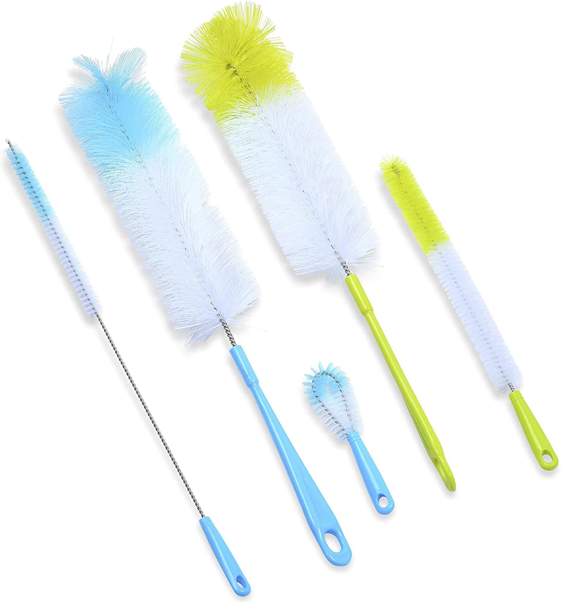 ANDALUS Set of 5 Long Bottle Brush, Straw Cleaner & More - Brushes for Water Bottles, Straws, Lids - for Narrow Neck Bottles - Cleaning Supplies Kit for Glass, Baby Bottles, Canning Supplies