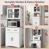 Vista 5 de Armario de despensa de cocina de 67" con puertas y cajones de vidrio, estantes ajustables, antivuelco, soporte para microondas que ahorra espacio