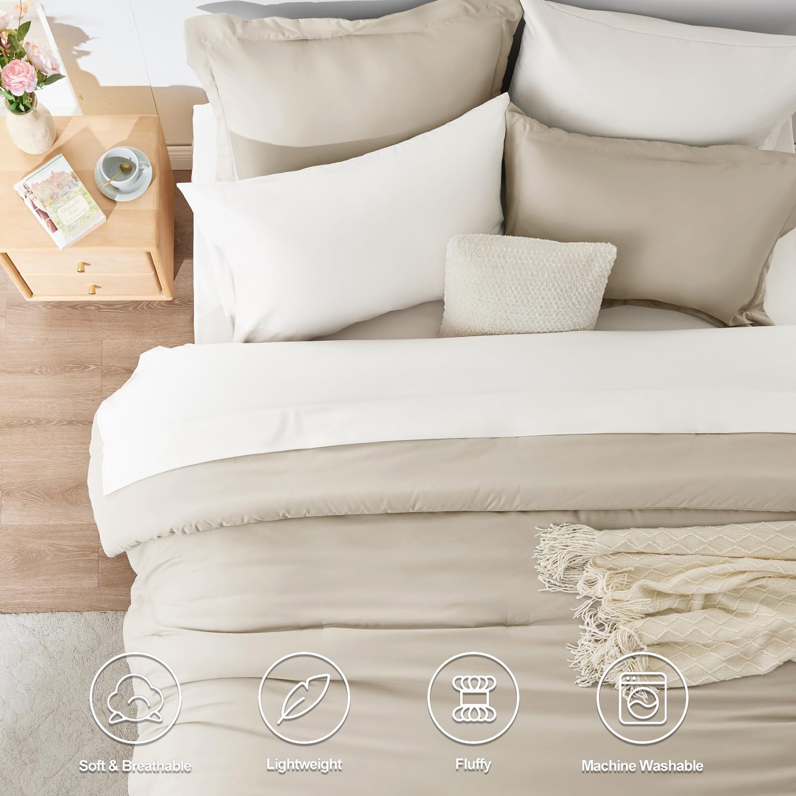 CozyLux Sage Green Comforter Set Queen 7 Pieces Queen Bedding Set Contrasting Design with Comforter, Flat Sheets, Fitted Sheet, Pillowcases & Shams, Boho Bed in a Bag Queen for All Season