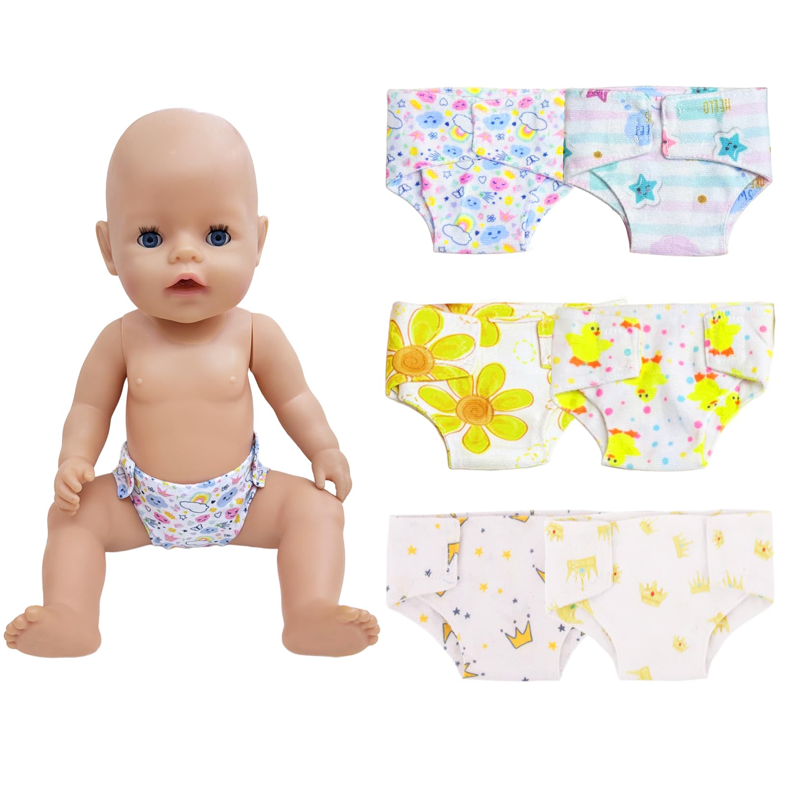 Lot de 6 couches de poupée pour poupée de bébé 30-43 cm, motif fleurs et étoiles, accessoires de poupée réutilisables mignons et exquis, cadeau pour petites filles, 6 pièces vêtements de poupée