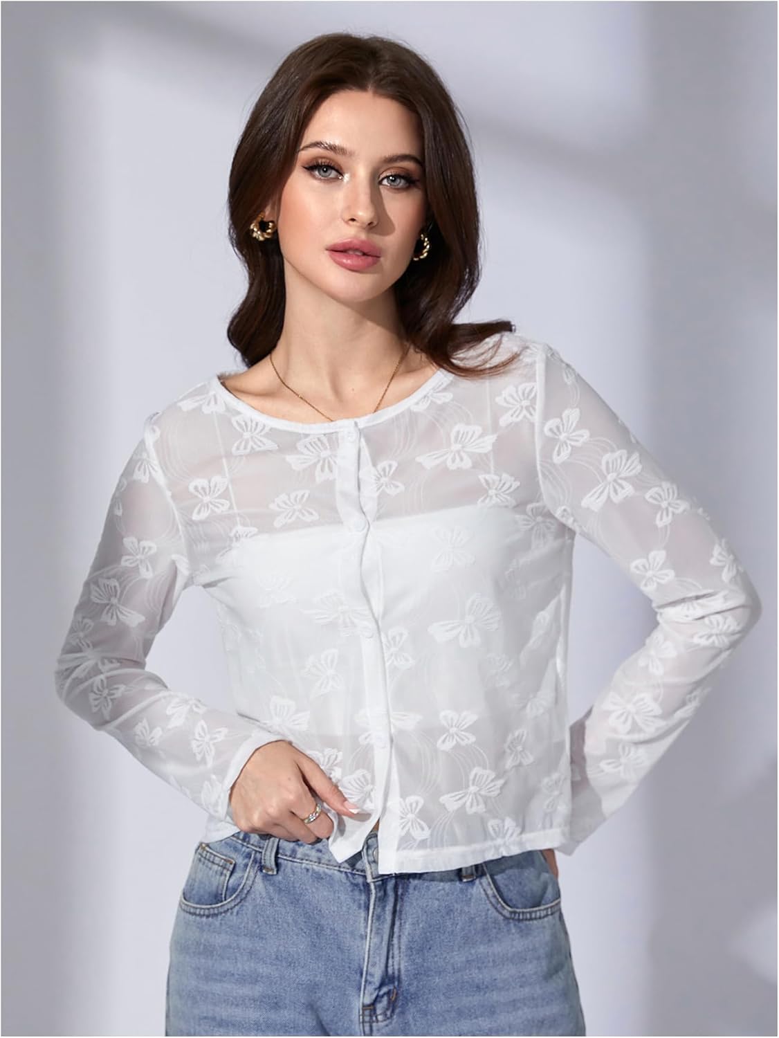 OYOANGLE Women's Sheer Mesh Button Front Cardigan Casual Long Sleeve Lightweight Cardigans - Image 4