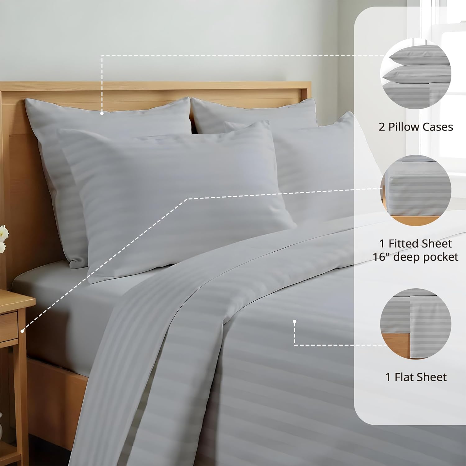 100% Egyptian Cotton Queen Size Damask Striped Sheets, 1000 Thread Count Luxury Breathable Sheet, 4Pc Queen Size Bed Sheet Set, Long Staple 16" Deep Pocket Sheets Set: Light Grey - Image 8