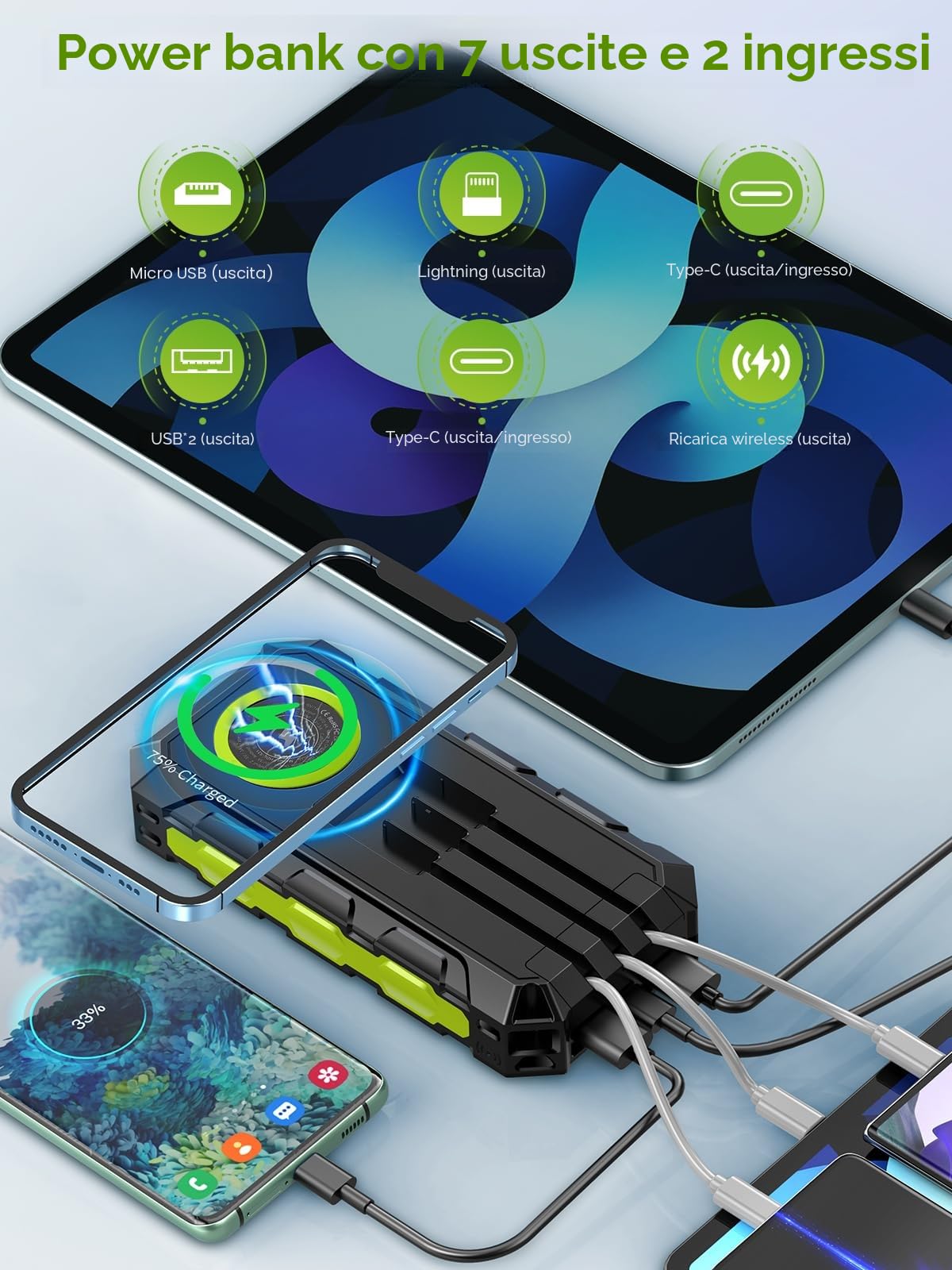 52800mAh Power Bank Solare 30WPD con Cavi Integrati Ricarica Rapida | Batteria Esterna Powerbank 7 Uscite Torcia LED Display Digitale, Ideale per Campeggio e Attività Outdoor
