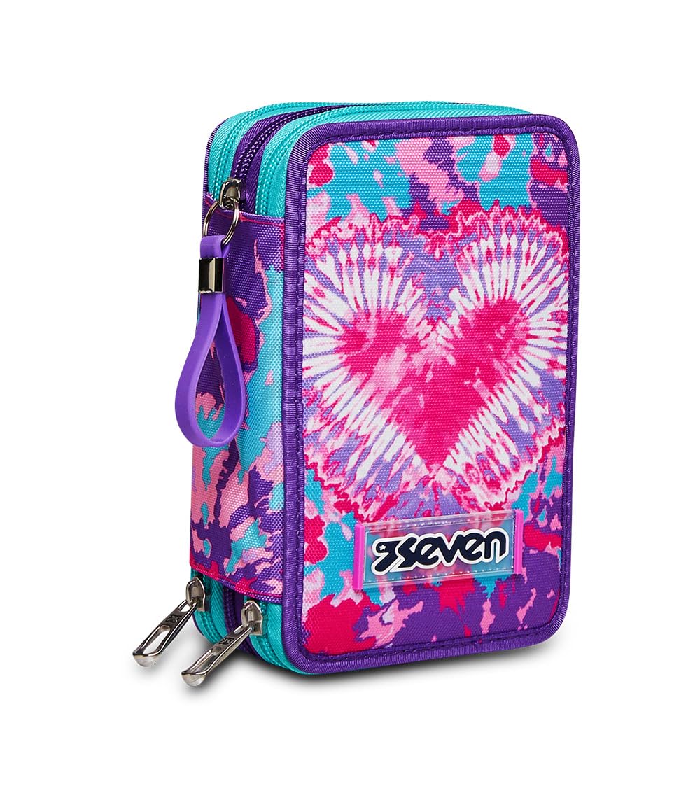 Seven Federmäppchen, Mäppchen, Mehrfarbig, Federtasche für Schreibwaren, Etui komplett mit Bleistiften, Filzstiften, Schulmaterial, mit 3 Fächern, Mädchen, Schule - Grundschule, XXL, Mehrfarbig