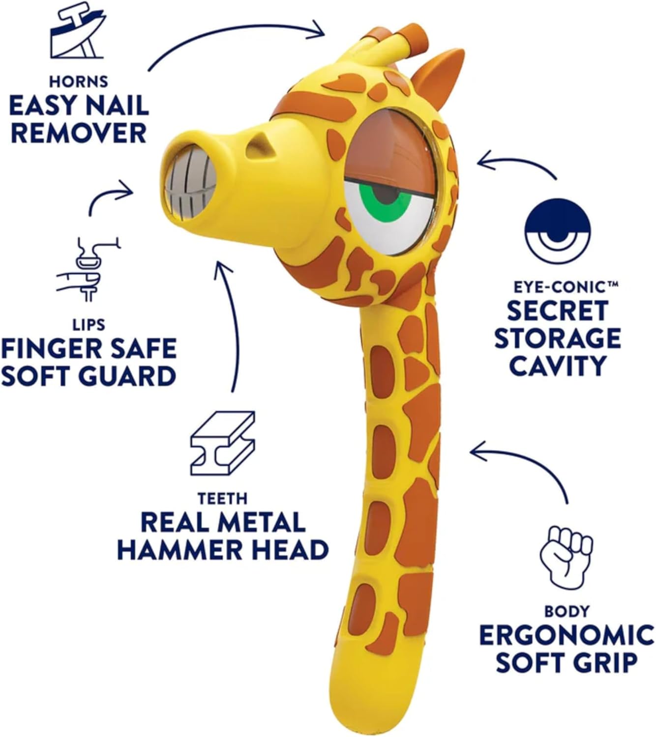 Handy Famm Real Metal Yellow Giraffe Hammer for Kids, Patented Safety Mouth Sleeve and Nail Remover, STEM DIY Tool for Children Ages 5 and Up