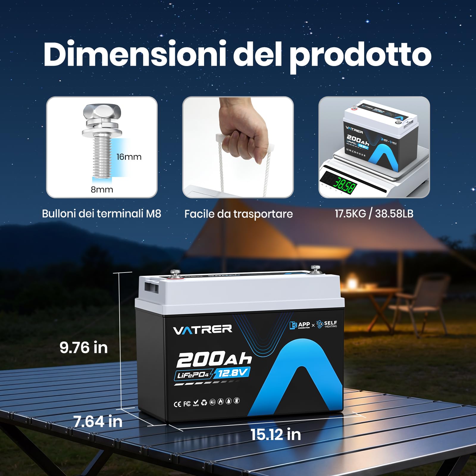 VATRER POWER Mini batteria LiFePO4 da 12,8 V, 200 Ah, con
