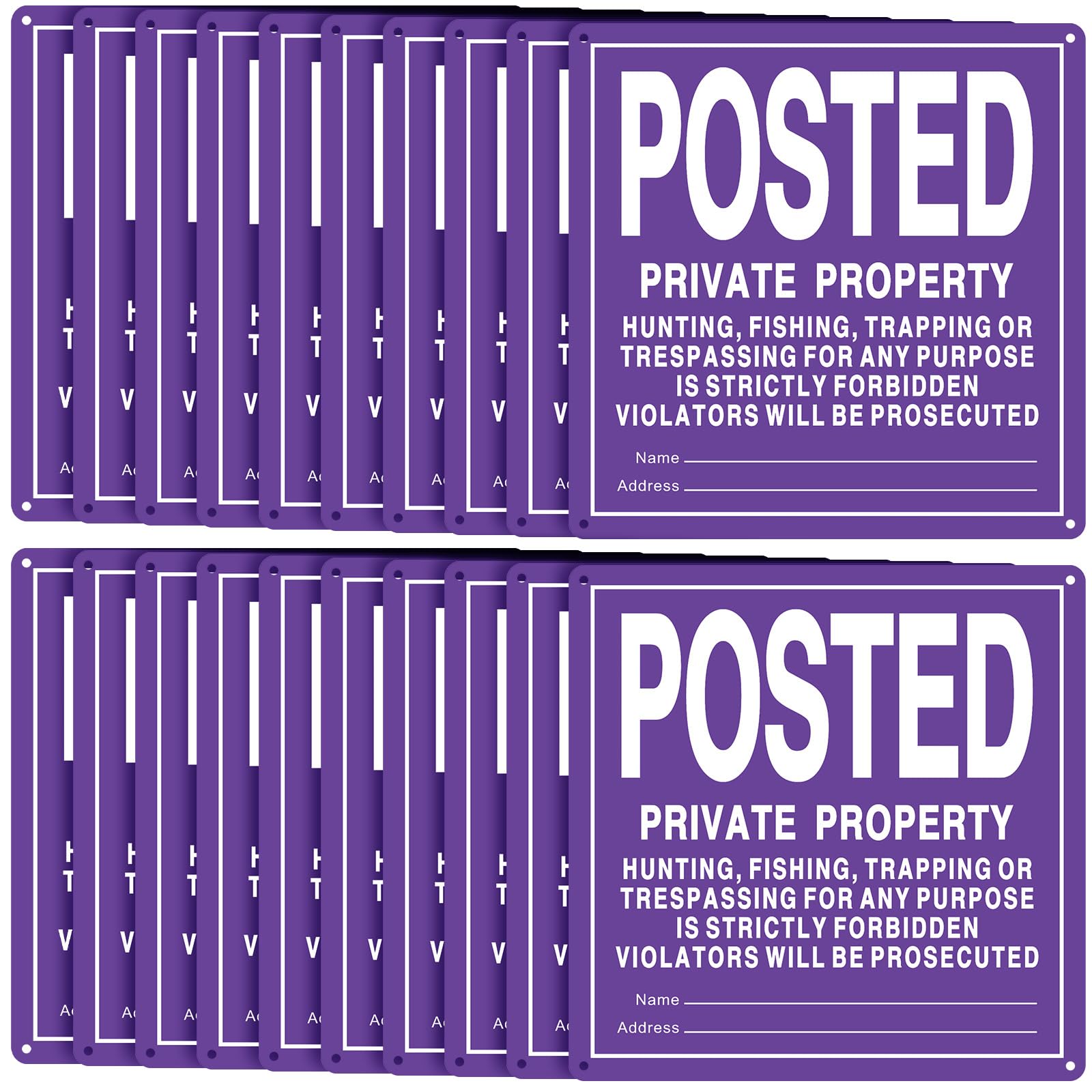 Tandefio 20 Pcs Posted No Trespassing Sign Private Property No Hunting Sign Reflective Aluminum Metal Posted Sign for Warning No Hunting Fishing Trapping Indoor Outdoor (Purple,11.81 x 11.81 Inches)-image-15
