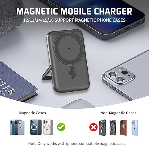 Miniatura 6 de EKR Cargador portátil Magsafe, banco de energía inalámbrico magnético PD20W de 10000 mAh, batería de carga rápida con soporte de aleación de zinc,