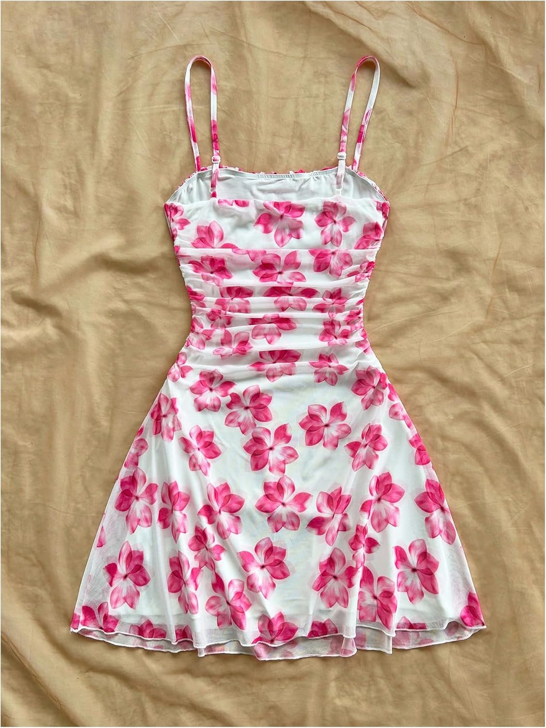 Women's Floral Cami Dress Mesh Boho Ruched A Line Summer Beach Vacation Dresses - Image 3