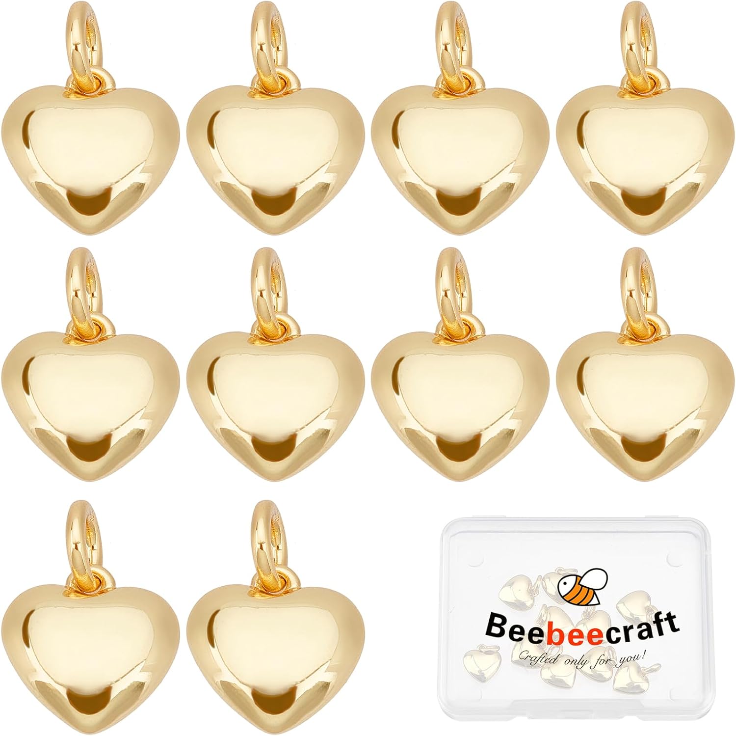 Beebeecraft 1 Box 30Pcs Heart Charms for Jewelry Making, 18K Gold Plated 3D Love Dangle Pendant Charms with Jump Ring for Mother's Day Valentine's Gifts Bracelet Necklace Earrings(10x10mm)