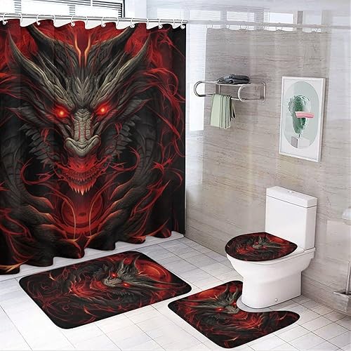 Miniatura 11 de Juego de 4 cortinas de ducha de dragón rojo fuego, juego de decoración de baño con moquetas, juego de cortina de baño con 12 ganchos Dragón Rojo
