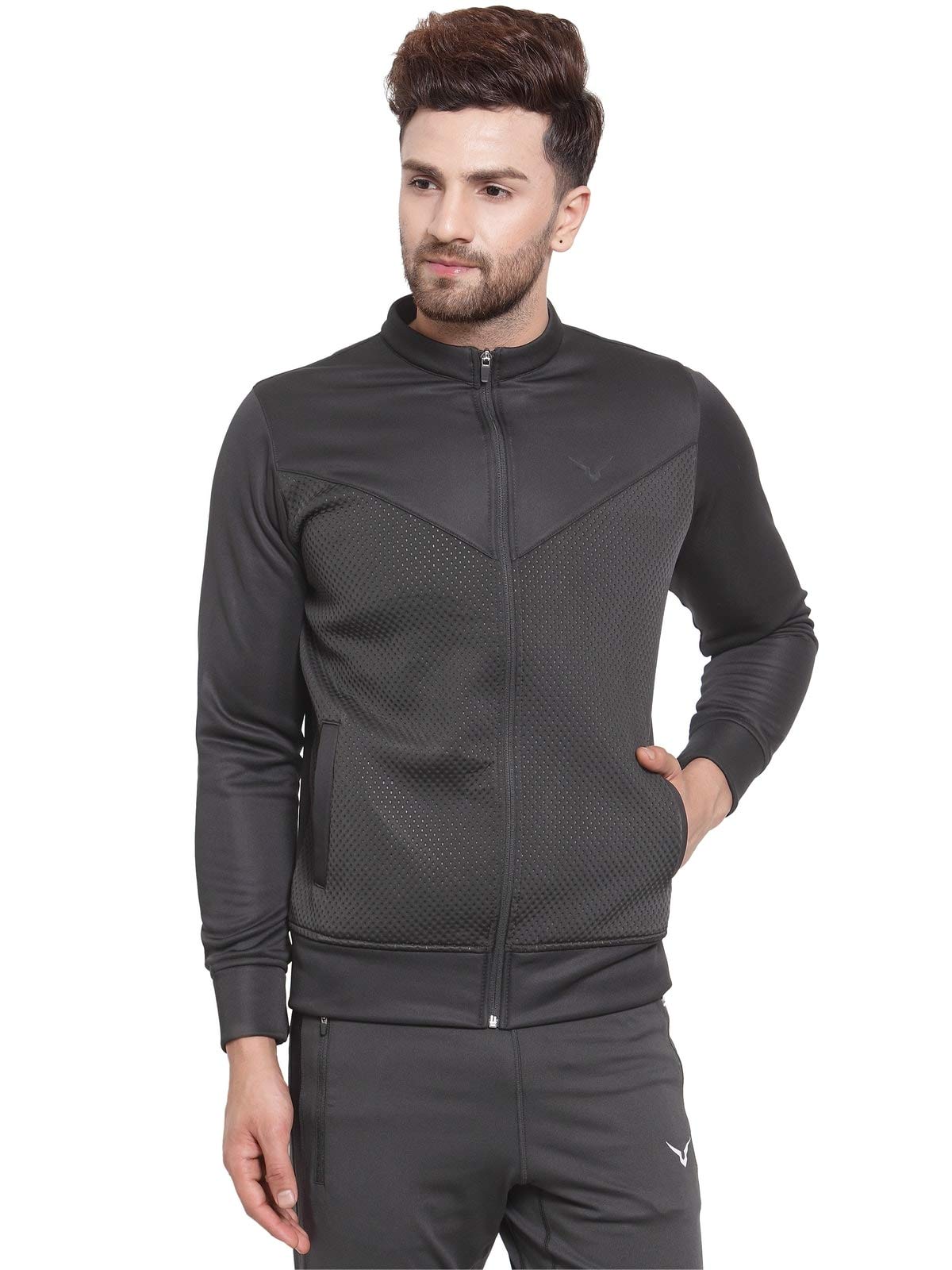 invincible Athleisure Full Sleeve Zipper Men's Regular Fitted Polyester Buck Dot Sports Champion Jacket Black Color-picture-32