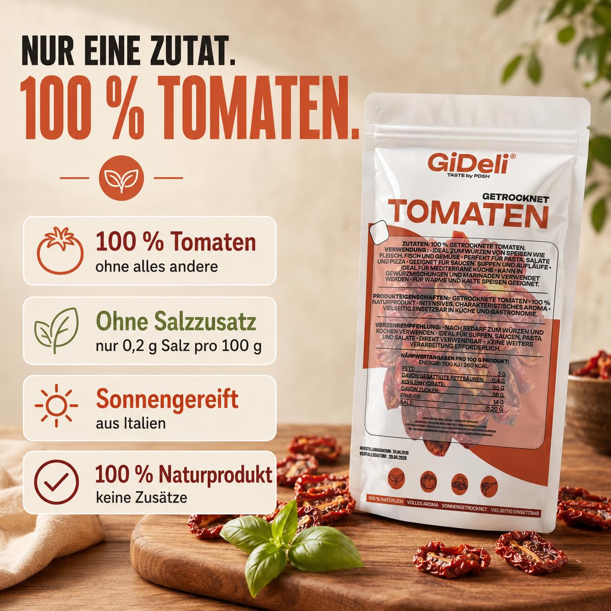 GiDeli Getrocknete Tomaten 2x5kg - Naturrein Ohne Künstliche Zusätze - Sonnengetrocknet aus Italien - Ideal für Pasta, Suppen & Salate - Direkt Verwendbar Ohne Einweichen - Hoher Proteingehalt - Vegan