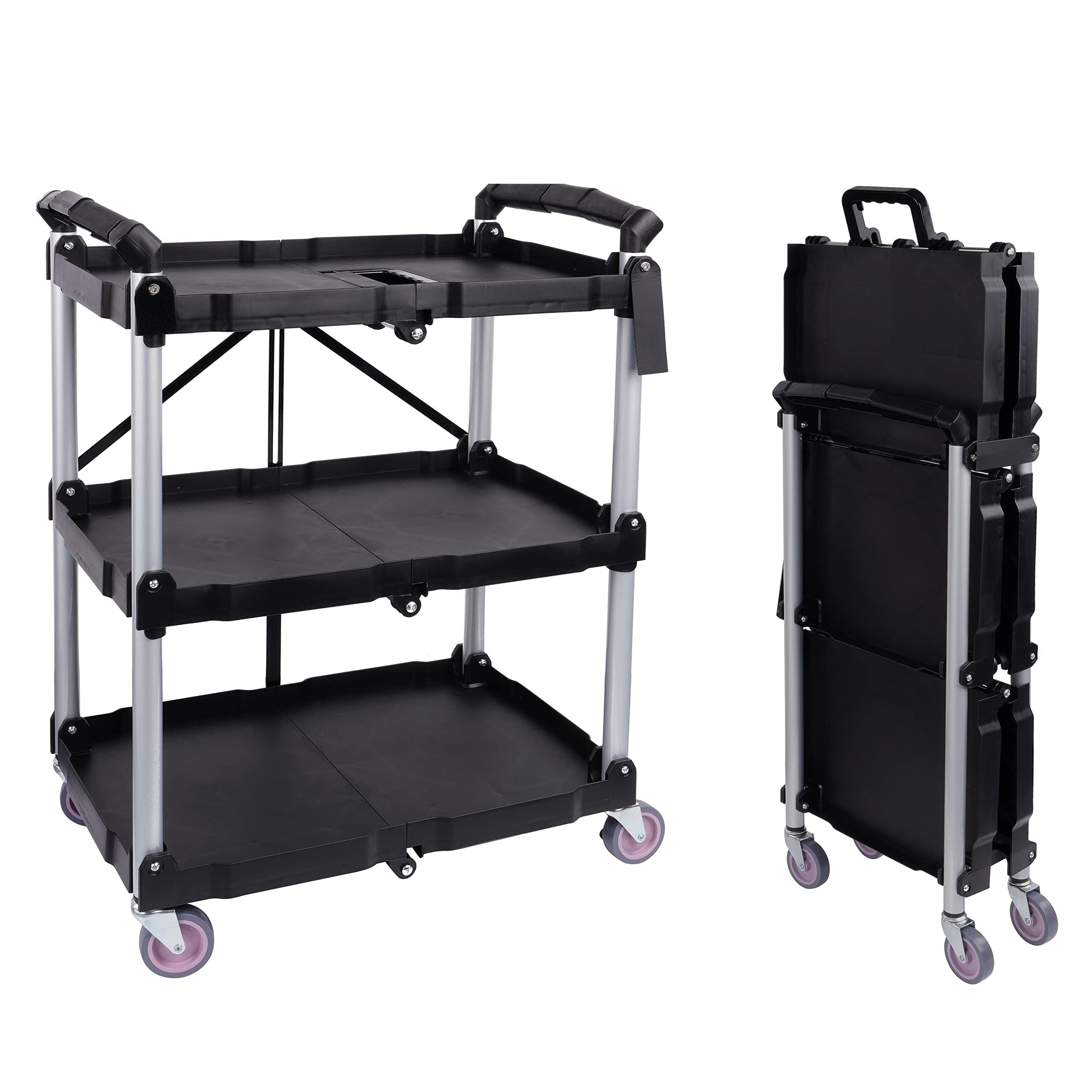 Folding Utility Cart, Portable Collapsible Service, 3 Shelf Heavy Duty Collapsible Tool with Wheels, Suitable for Office Warehouse Home, Black