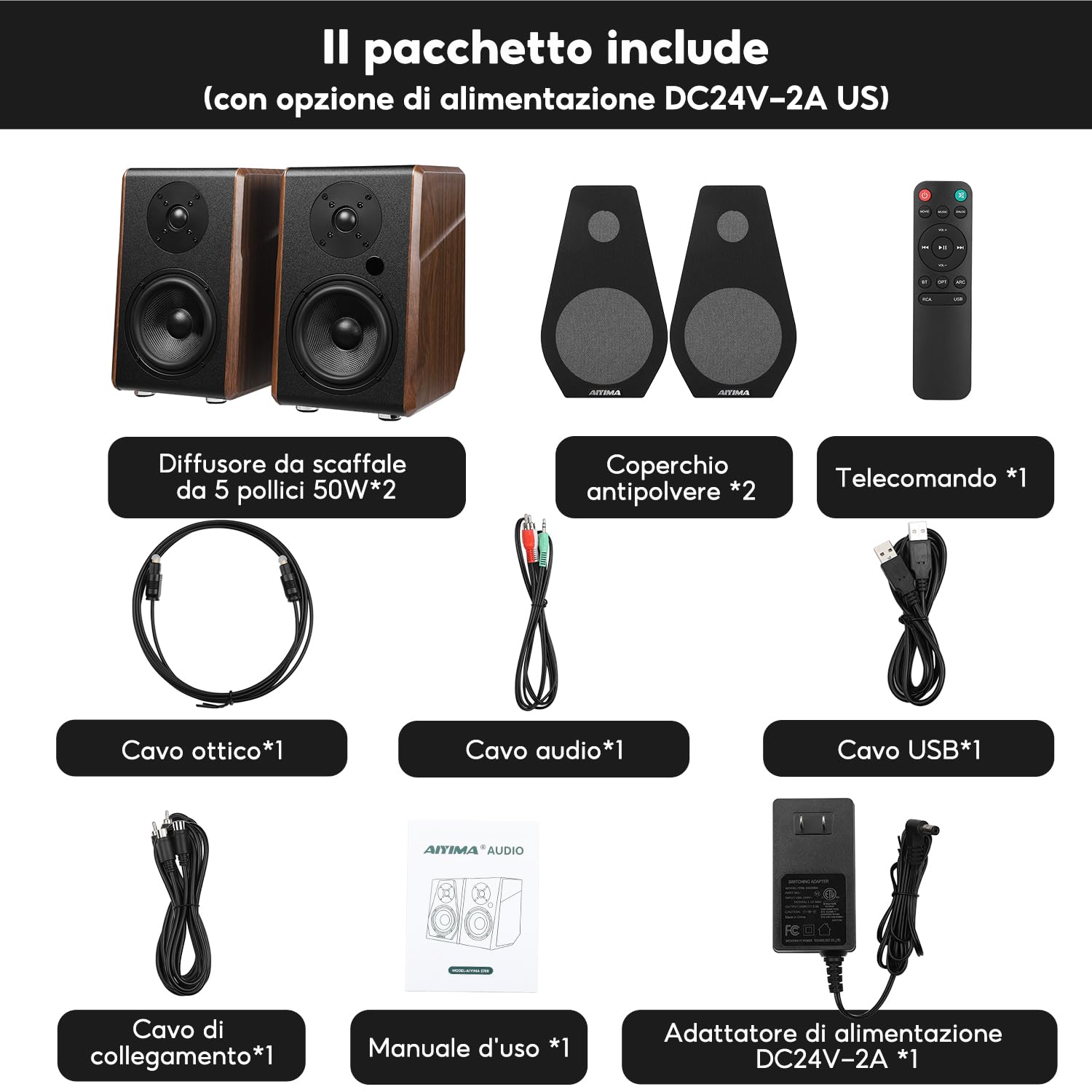 AIYIMA S700 2.0 - Altoparlante da scaffale attivo, 100 W Studio Monitor con woofer da 5,25", Bluetooth 5.0, HDMI ARC, ottico, RCA, ingressi USB, uscita subwoofer, HiFi Bookshelf altoparlante per PC e