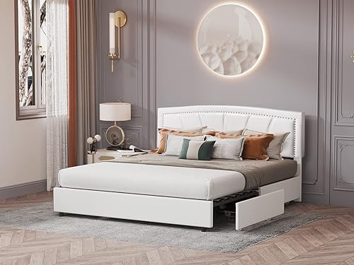 Miniatura 10 de BONSOIR Base de cama tapizada de tamaño matrimonial con plataforma tradicional tapizada de perfil bajo con cabecera copetuda y clavos, no necesita