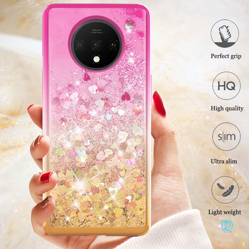 Dzxouui for OnePlus 7T Case,One Plus 7T / 1+7T Case,TPU Protective Cover for Girls and Women Flow Glitter Bling Sparkle Cute Phone Case for OnePlus 7T / 1+7T(Pink/Gold)