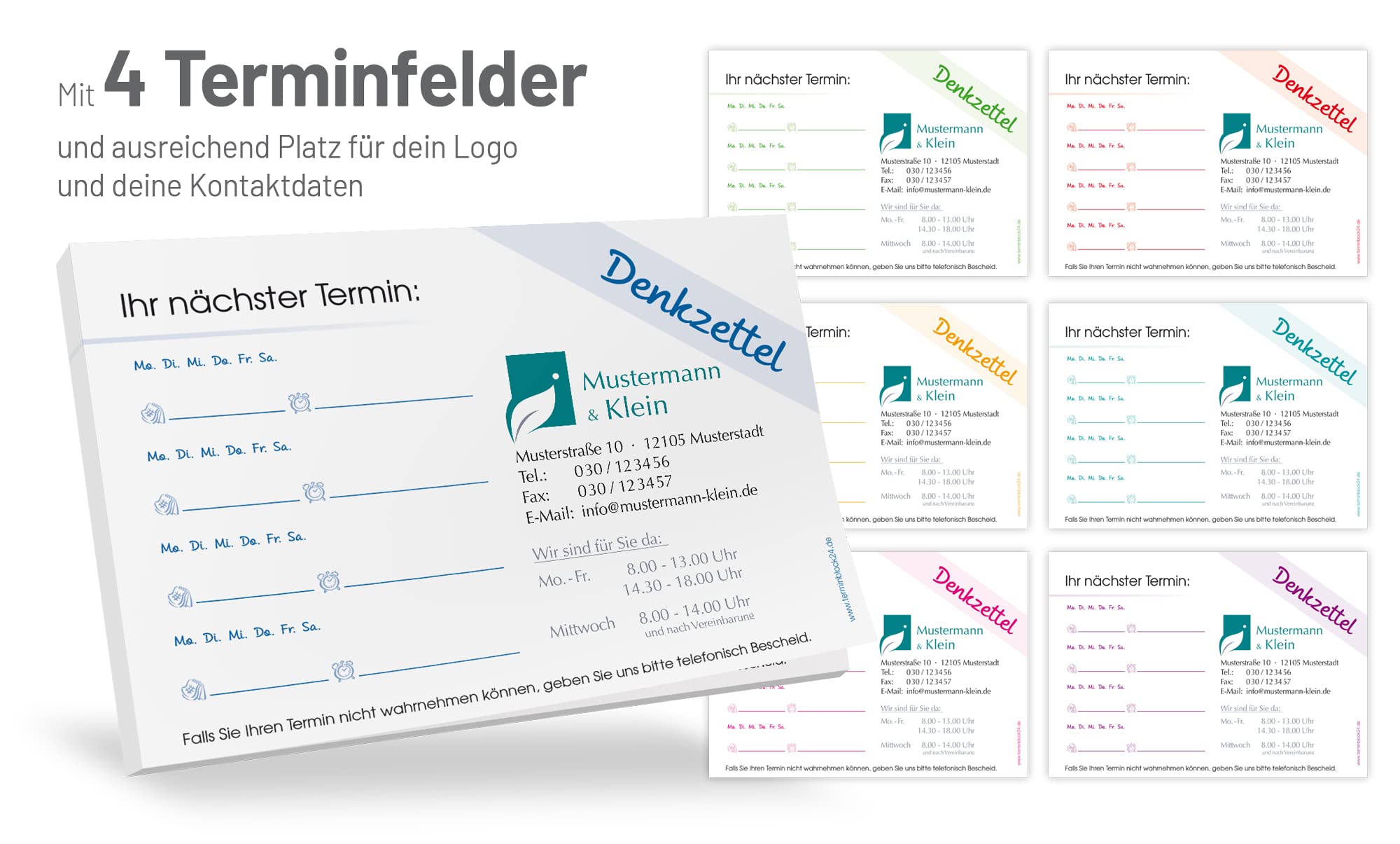 200 Terminblöcke Classic #1 individuell bedruckt mit Ihrem Text und Logo! 50 Blatt je Block, 74 x 105 mm (DIN A7), quer, mehrere Grundfarben und Terminfelder wählbar