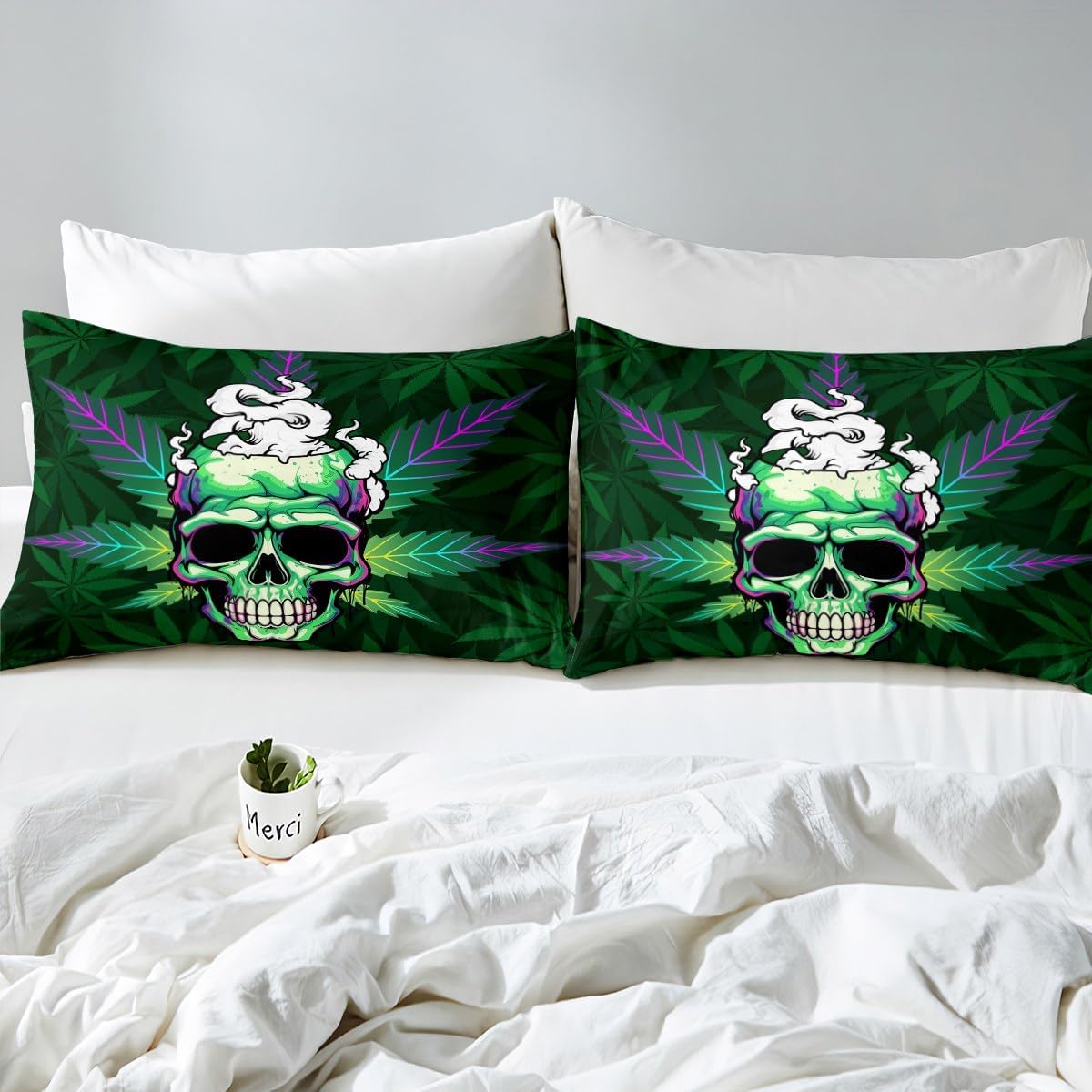 Erosebridal Leaves Bed Sheets Set Green,Sugar Skull Sheet Set for Men Adult Bedroom,Leaves Bedding Set,Halloween Decoration Flat Fitted Sheet 4 Pieces with Pocket,Full Size