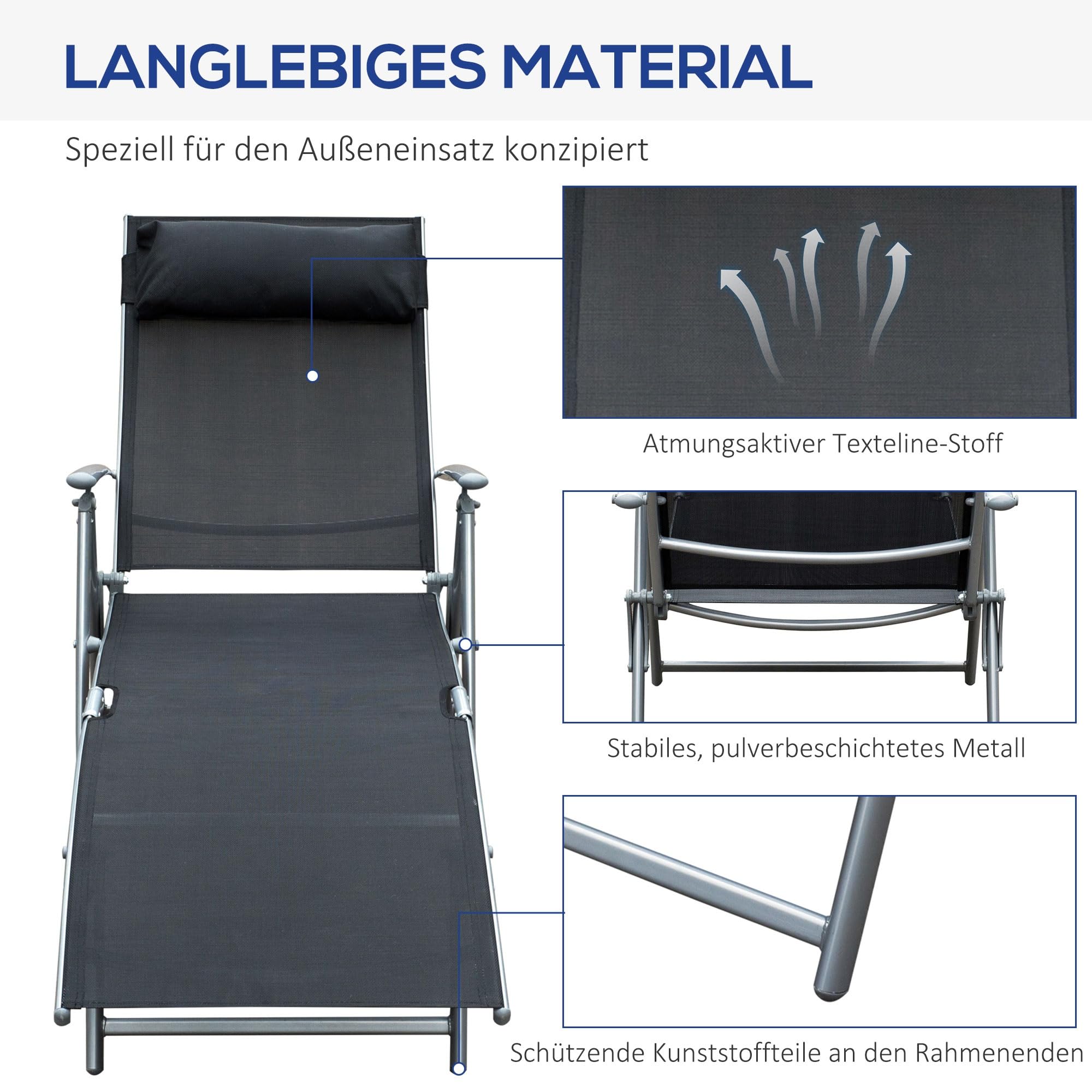 Outsunny Sonnenliege klappbar mit Kopfkissen bis 165 kg Schwarz | Strandliege und Liegestuhl, 7-fach verstellbare Rückenlehne, Gartenliege Relaxliege Gartenstuhl für Outdoor Urlaub Garten