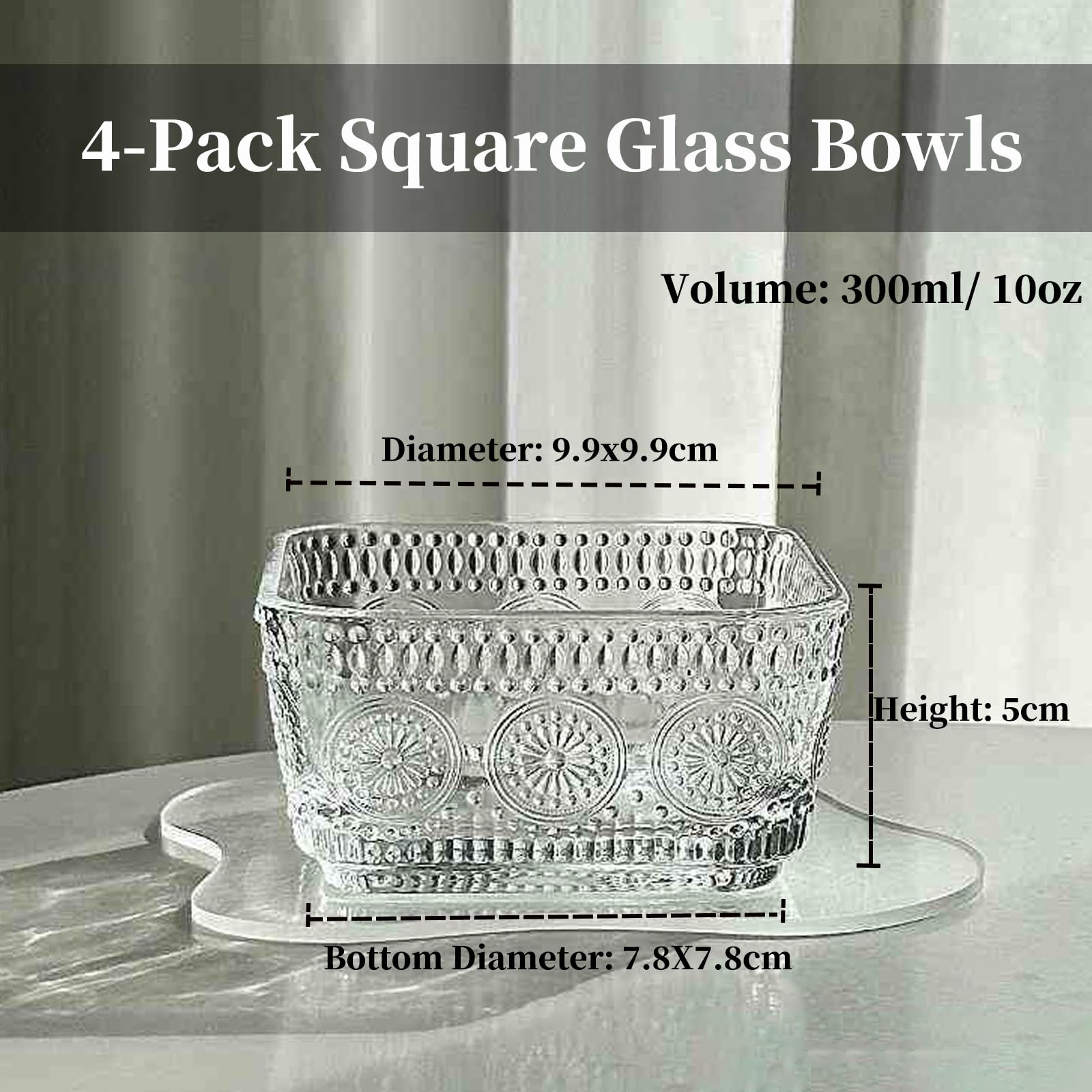 Orkim 4in 10oz Clear Glass Cereal Candy Snack Bowls Set, Vintage Ice Cream Yogurt Serving Bowl, Embossed Fruit Dessert Dish Plate, Crystal Square Side Prep Dishes for Desk Set of 4 - Sunflower