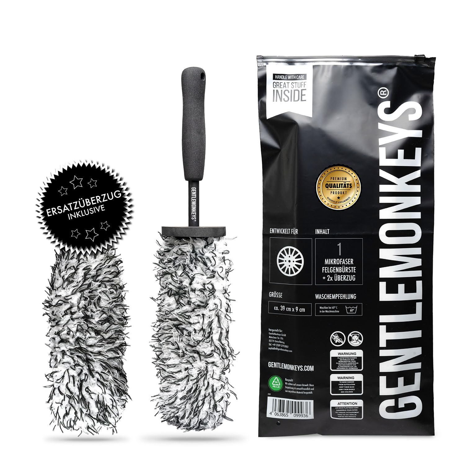 GENTLEMONKEYS Profi Mikrofaser Felgenbürste • Felgenreinigungsbürste mit wechselbarem Bürstenbezug • Auto Felgenbürste für schonende Reinigung • Microfaser Felgenbürste für alle Felgen
