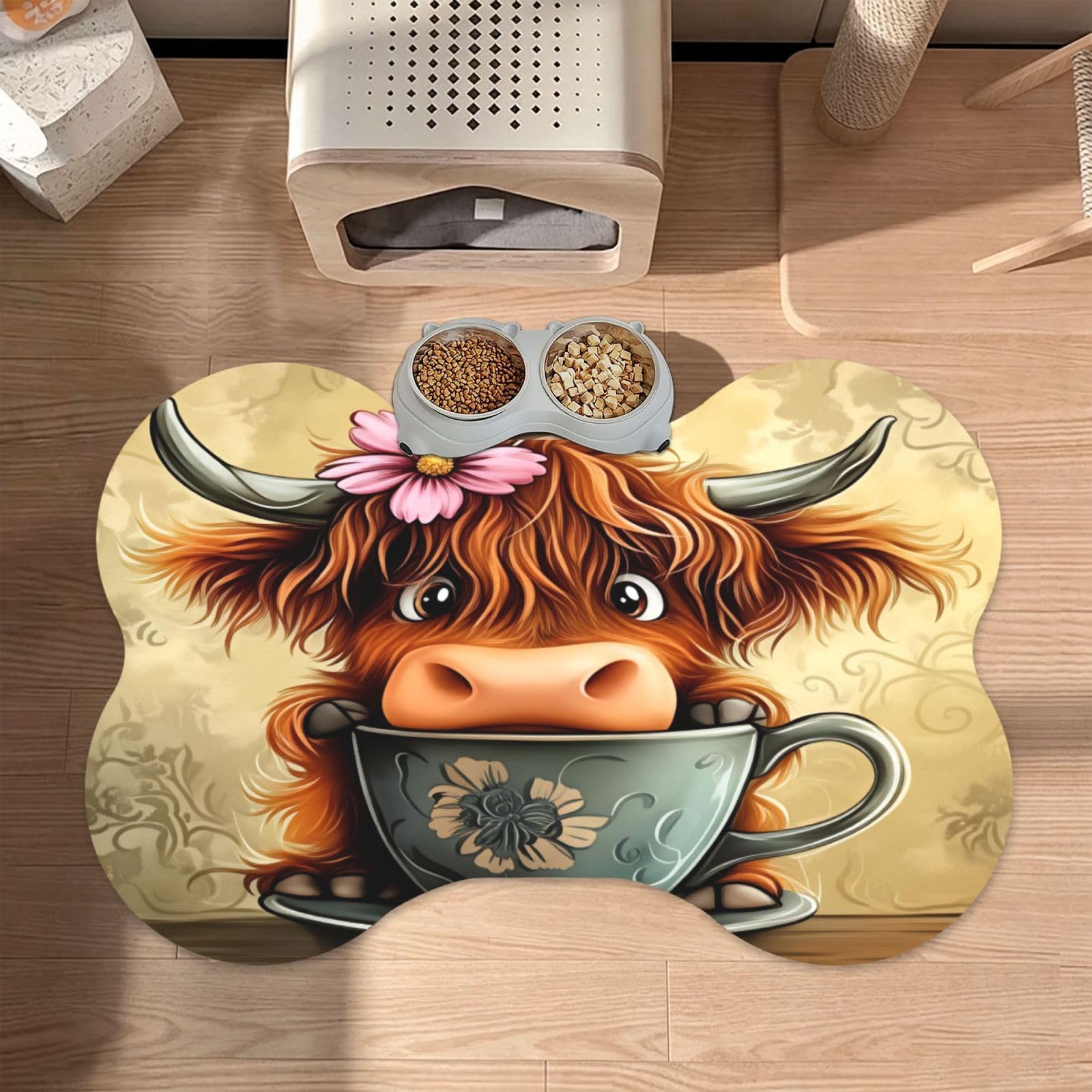 Hundenapf-Matte mit niedlichem Stier mit Teetasse, Knochenform, wasserdicht, PU-Leder, rutschfest, 40,6 x 61 cm