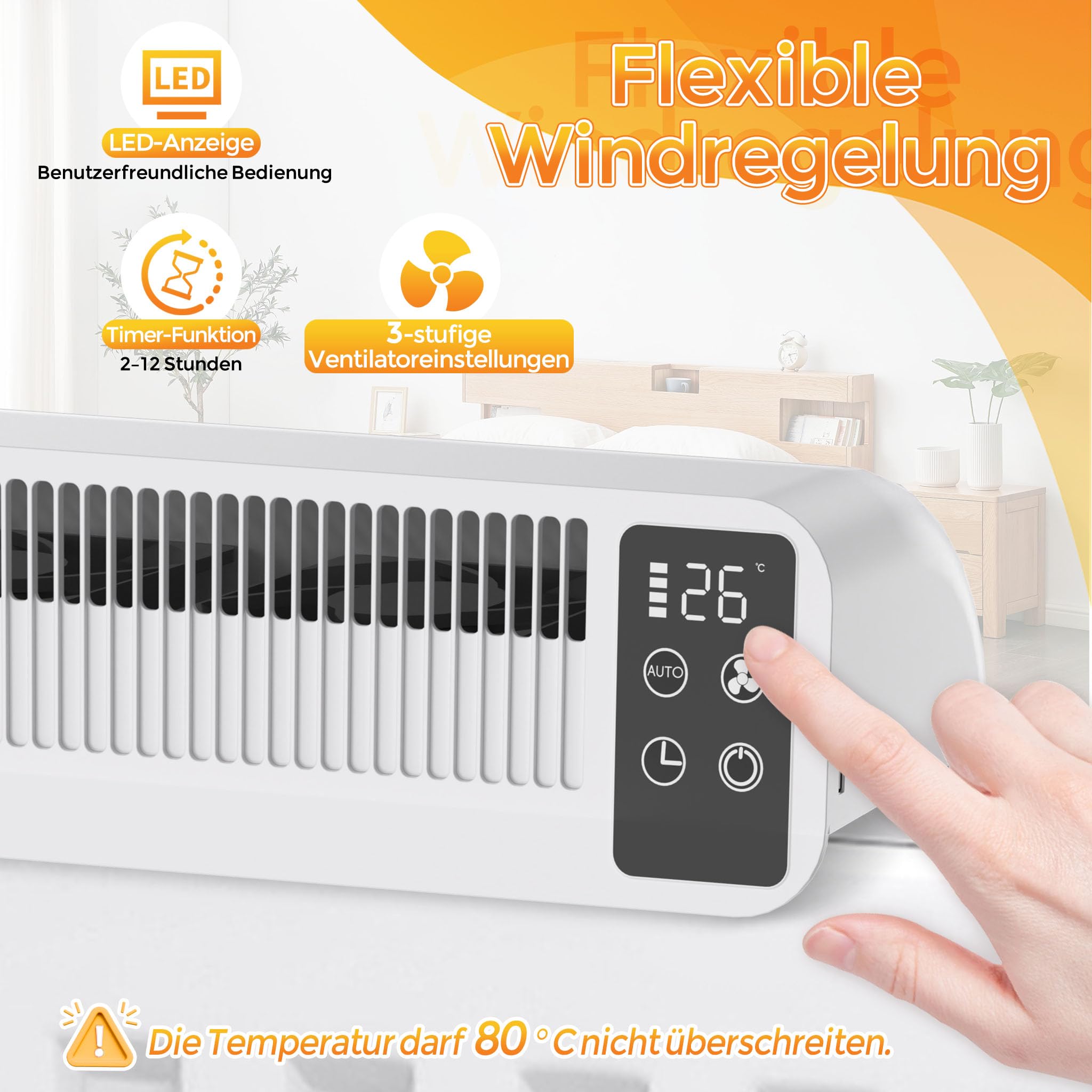 ACXIN Heizkörper Ventilator mit Sensoranzeige & Timer, 3-Stufig Heizungslüfter für Heizkörper und Unterheizungen, Heizkörperventilator leise <45dB, 3W 5V Heizungslüfter mit 1.5M Kabel
