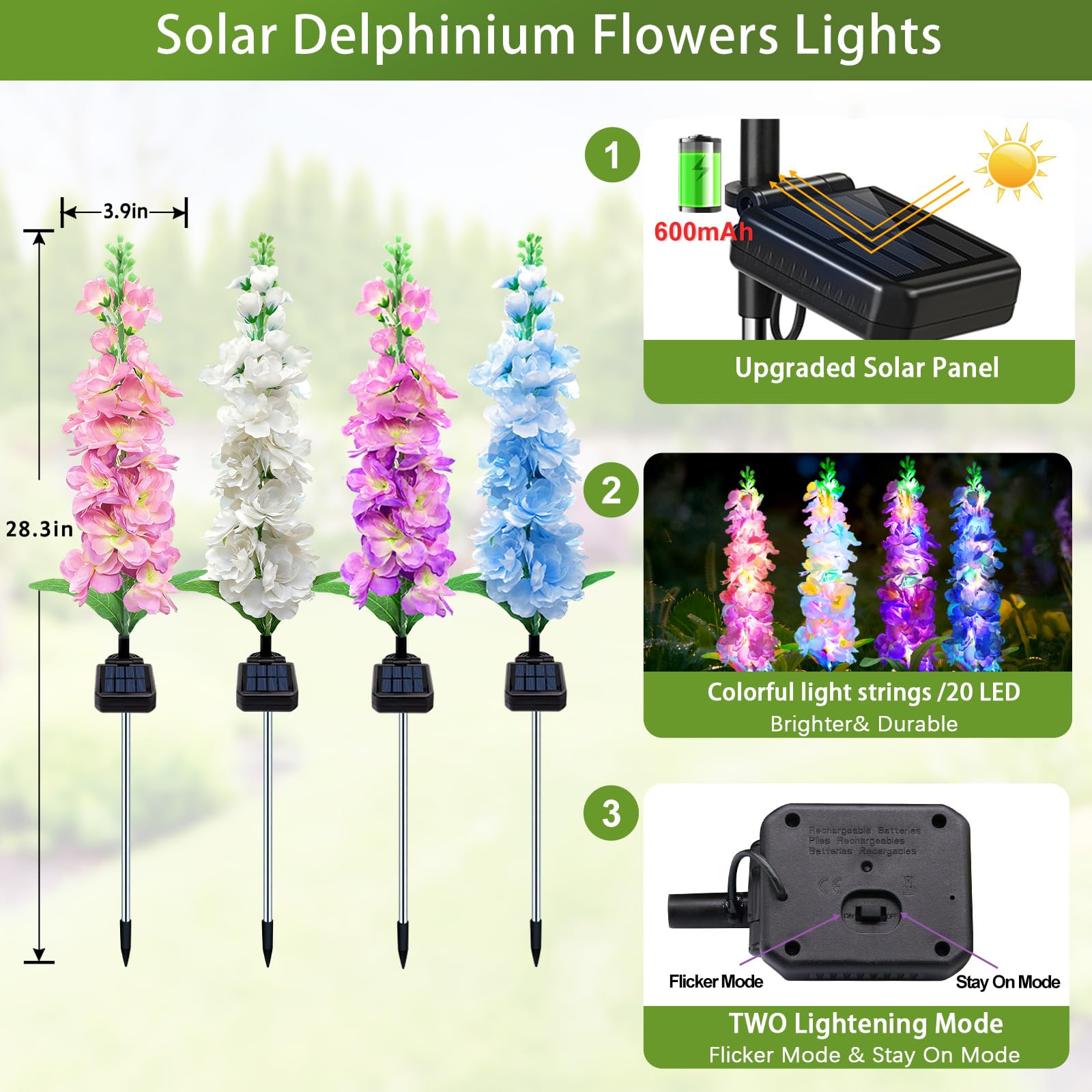 Luci solari da giardino Delphinium, confezione da 8 pezzi, 160 LED, impermeabili, luci solari per esterni, due modalità di illuminazione, per feste di nozze, giardino, cortile, patio, prato e regalo