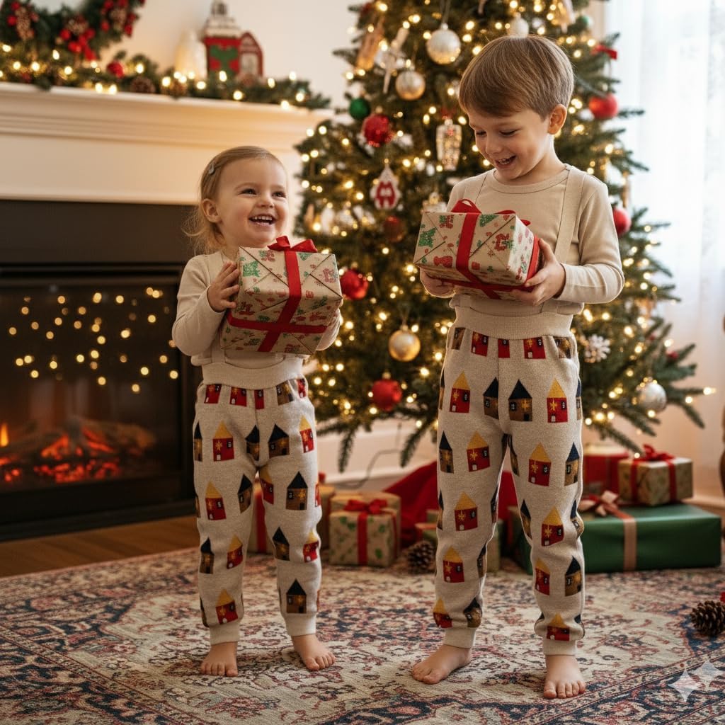 Kids Christmas Pants with Suspenders,100% Cotton Handmade Winter Knit Pants with House Pattern