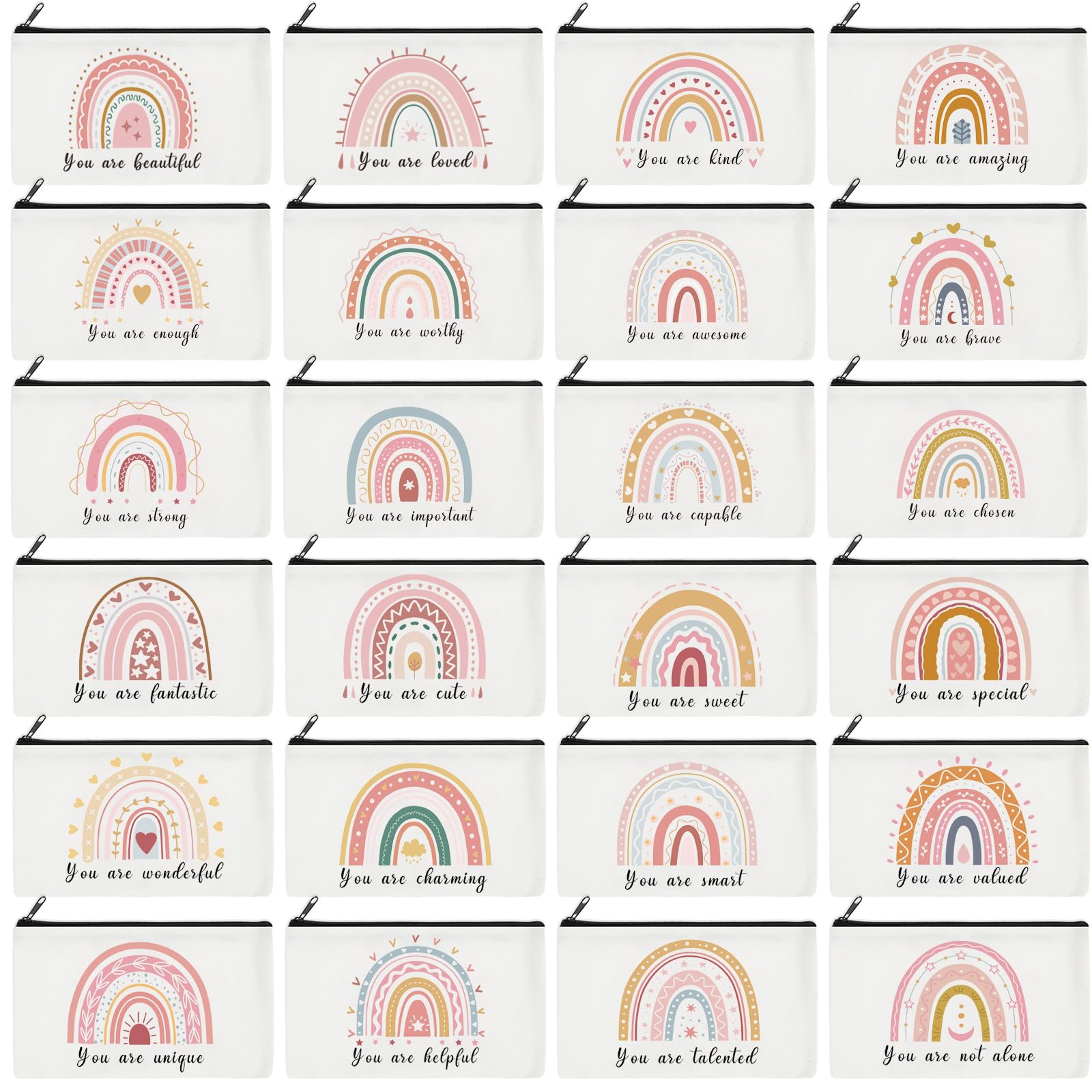 24 Pcs Rainbow Cosmetic Bags Motivational Quotes Makeup Bag Inspirational Makeup Pouch with Zipper Inspirational Gifts for Women Coin Purse for Teacher Graduation Birthday Party (Elegant)
