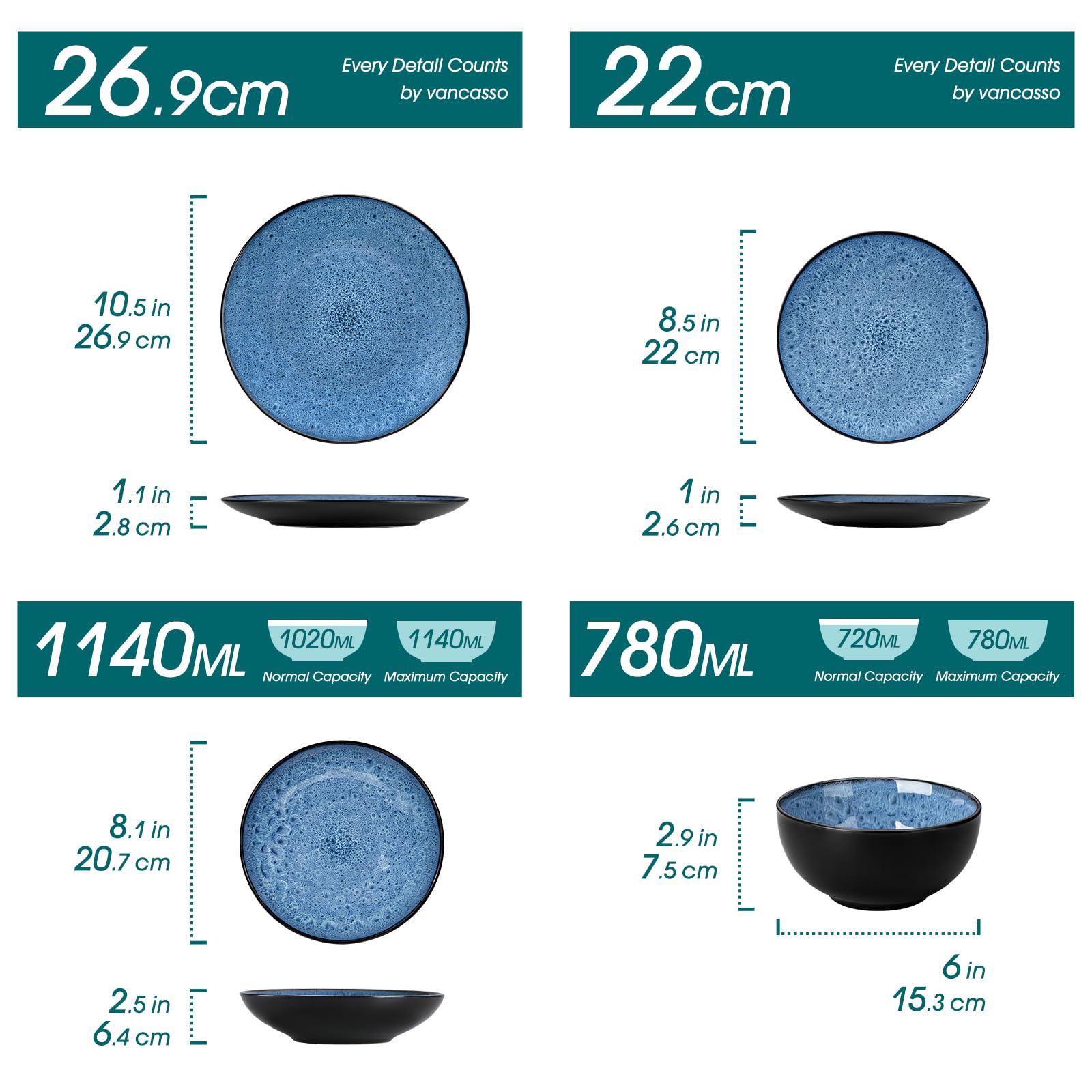vancasso Service de Table pour 6 Personnes, Service Vaisselle 24 Pièces en Grès - 6 Assiettes Plates, 6 Assiettes à Dessert, 6 Assiettes Creuses et 6 Bols - Glaçure Bleu, Compatible Micro-Ondes