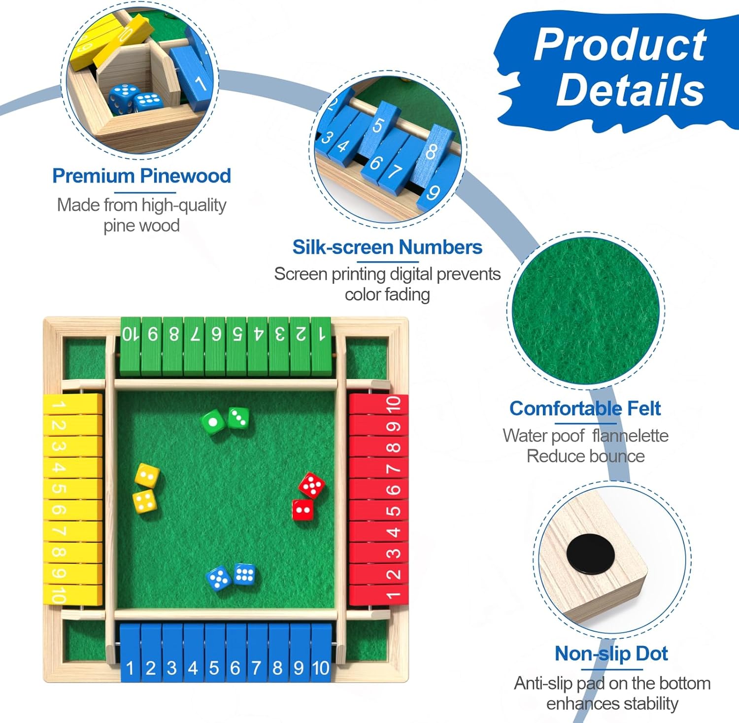 Shut the Box Game, Wooden Board Tabletop Dice Game for 2-4 Players & Kids Adults, a Fun Math Learning Toy for Family Game Night - an Ideal Made from Non-Toxic Wood, Child-Safe