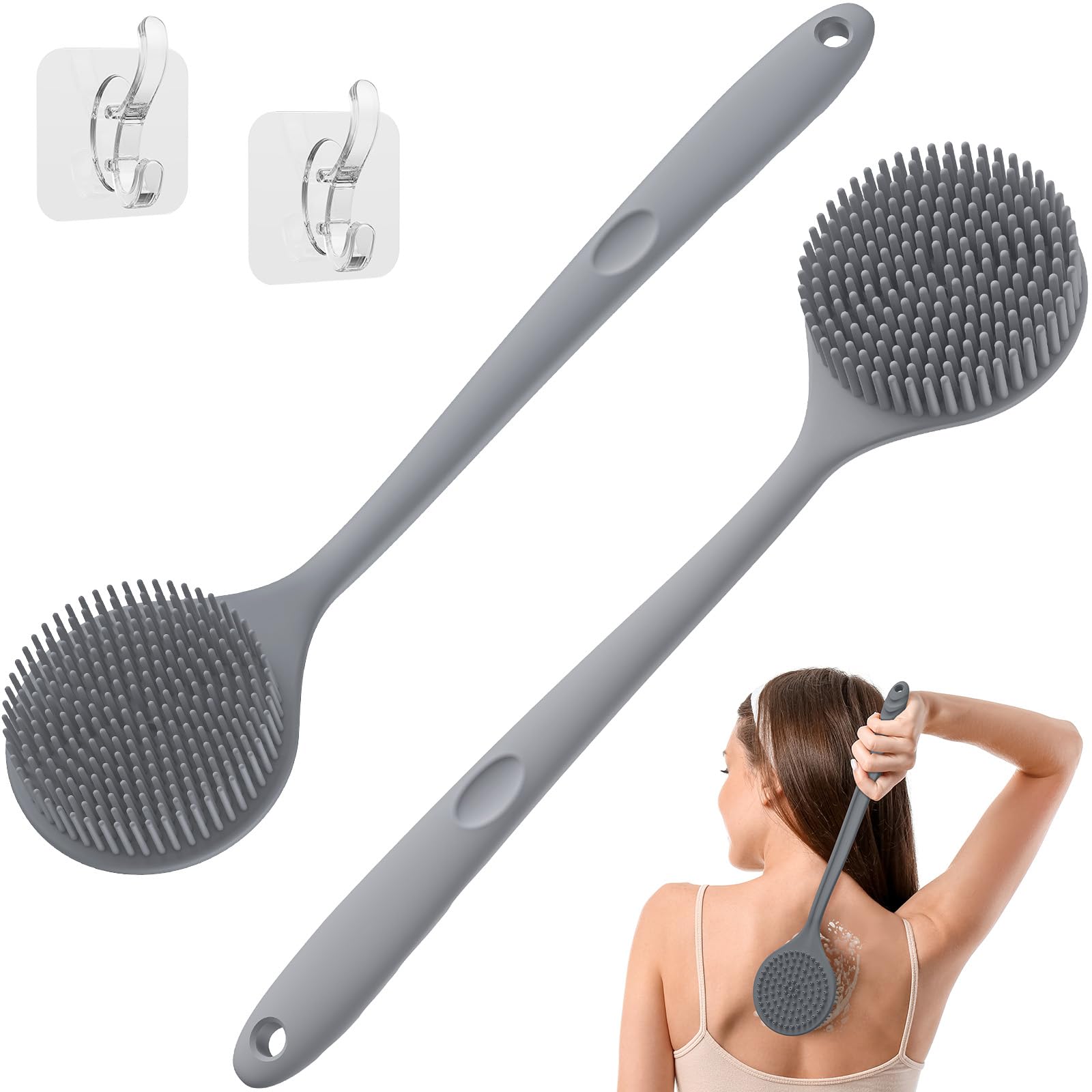 ManmihealthSilicone Back Scrubber for Shower 2 Pcs(Thick+Thin Bristles), 15'' Long Handle Body Scrubber, Light & Easy-to-Hold Shower Brush for Skin Exfoliating and Massaging with a Free Hook (Gray*2)