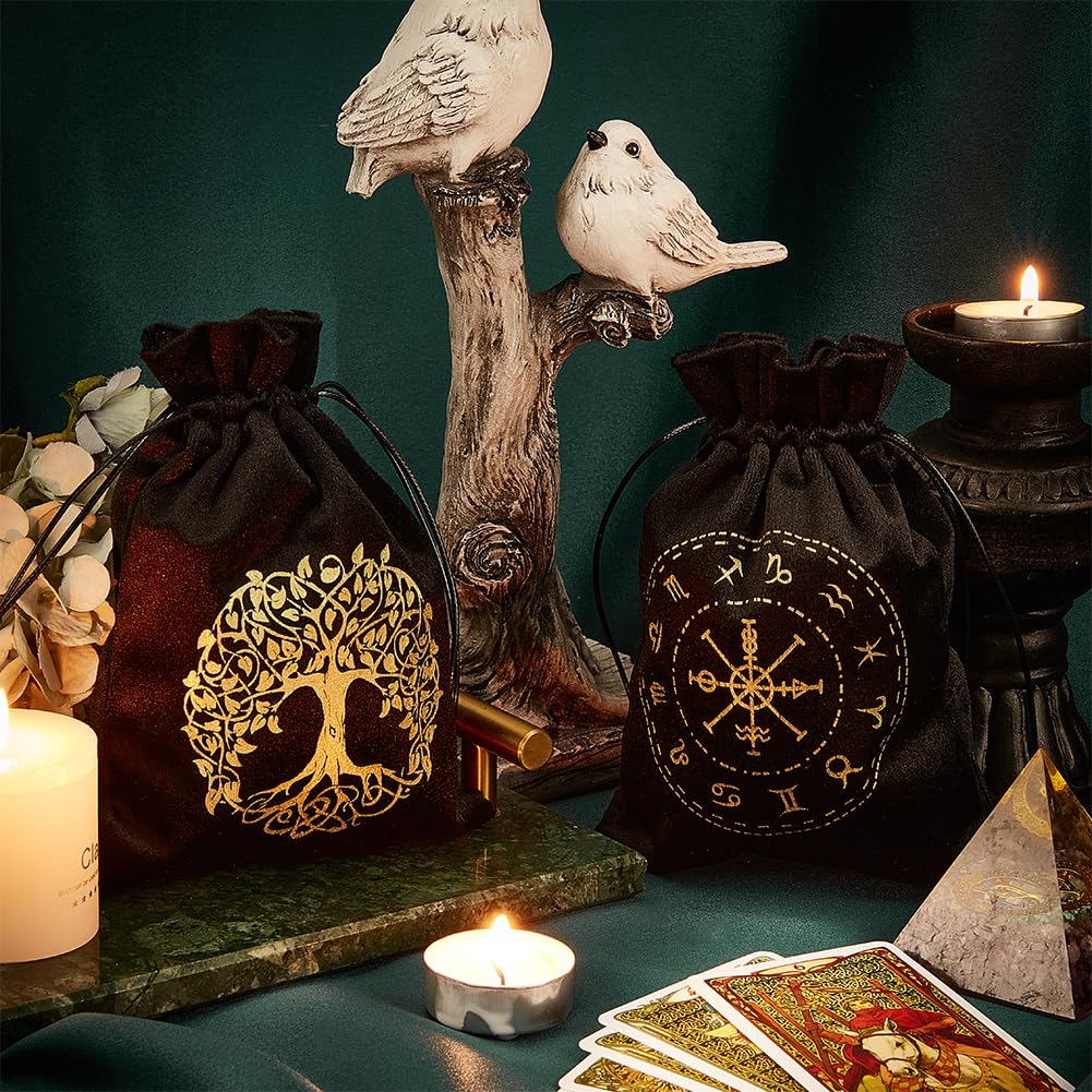 CREATCABIN 2 Bolsa Tarot Terciopelo Almacenamiento Tarjetas Tarot,12 Constelaciones,Bolsa Árbol la Vida,Soporte para Runas con Cordones,Grande para Cartas Tarot,Joyería Cristal,Dados,18x13cm,Negro