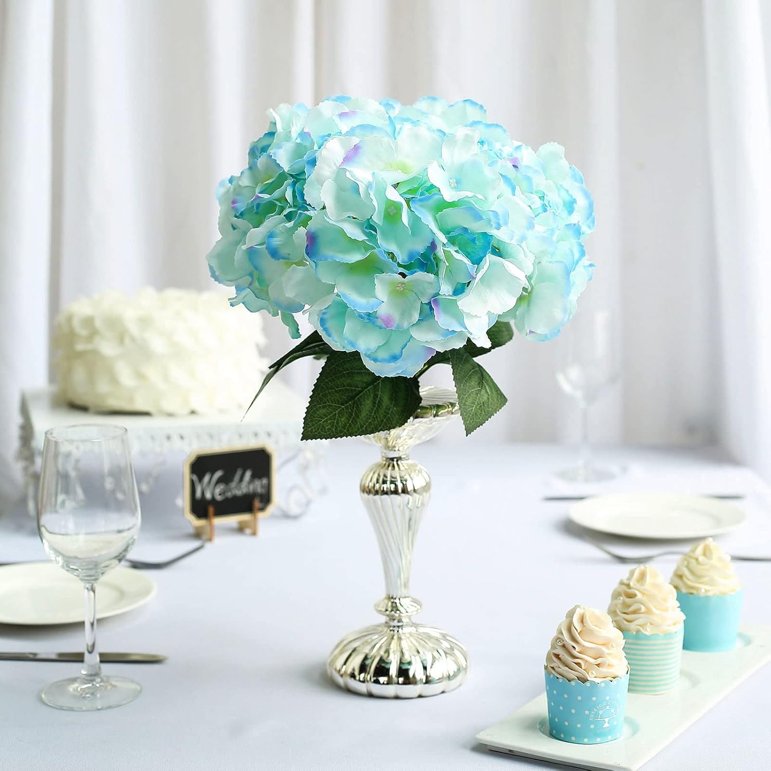 TABLECLOTHSFACTORY 5 Pack | 25 Heads Royal Blue Silk Hydrangea Artificial Flower Bushes Wedding Floral Arrangements