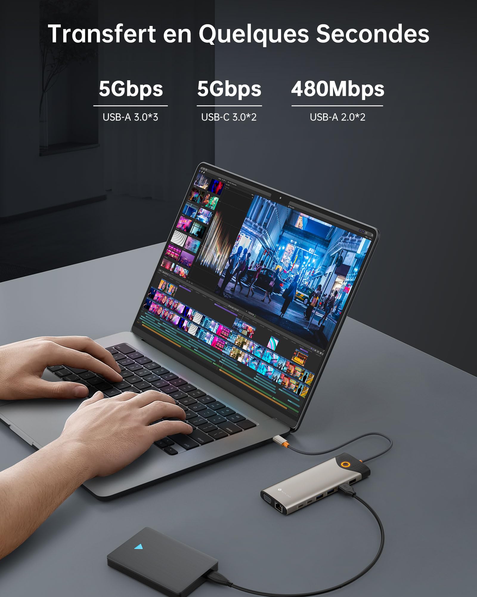 NOVOO Docking Station d'accueil USB C, 15-en-1, 2 HDMI 4K@60Hz, VGA, USB-C/A 5Gbps, Lecteur SD/TF, Ethernet Gigabit, 100W PD – Bouton on/Off Écran Externe, Dock Polyvalent pour PC Portable, MacBook