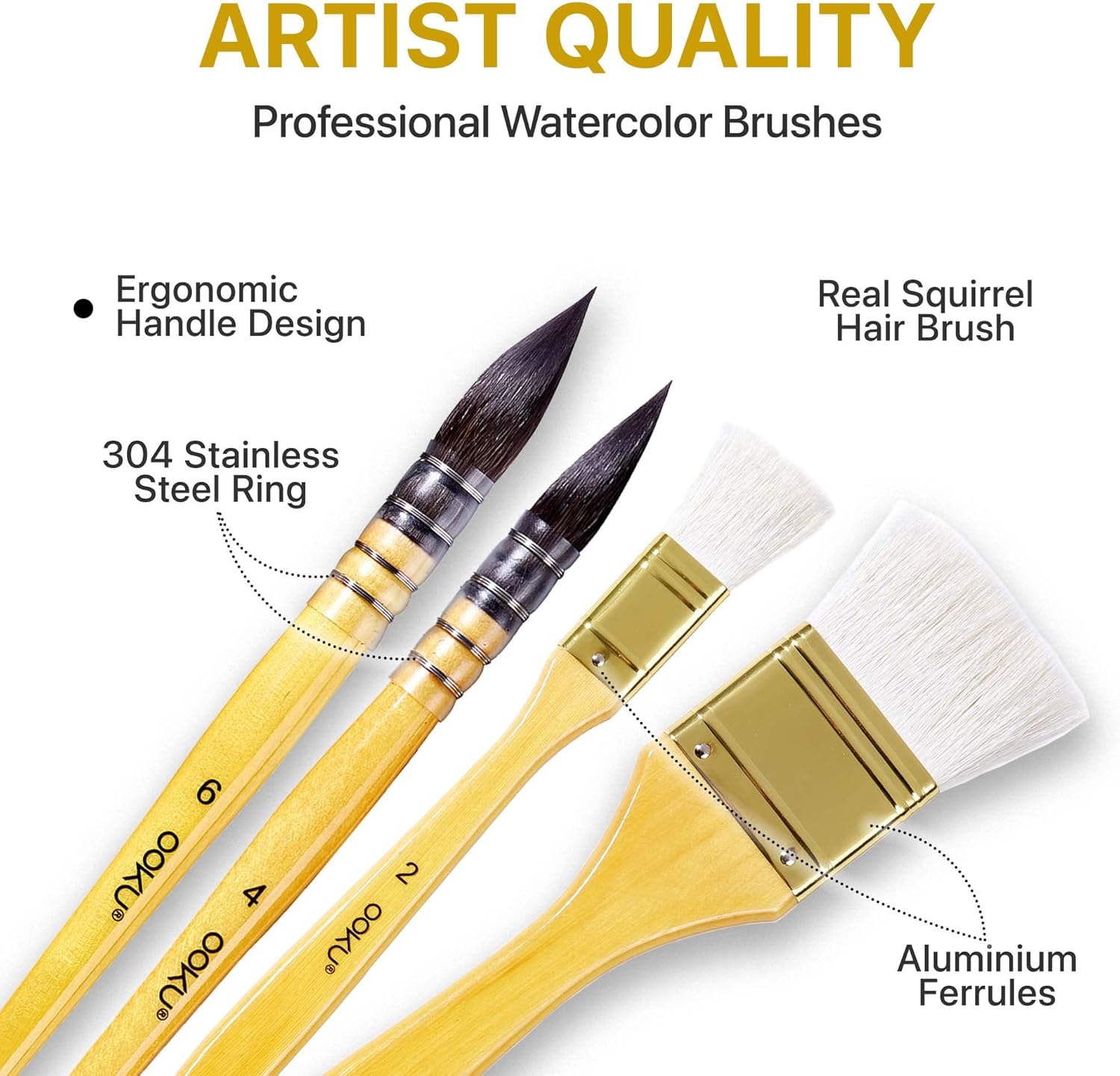 OOKU Professional Quill Brushes Watercolor Set - 6 Pc Real Squirrel Hair Blend Brushes for Consistent Flow - Short Handle Round Paint Brush for Artists, Painting, and Gouache