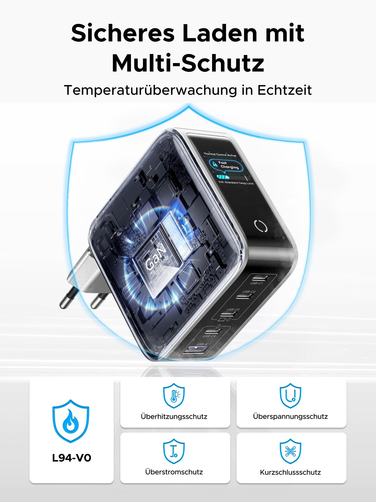 UGREEN Nexode Pro 100W USB C Ladegerät, GaN Netzteil 5-Port mit Smart Display & Touch Control, Laptop Charger PPS Schnellladegerät kompatibel mit MacBook Pro/Air/Neo, iPad, iPhone 17, Galaxy S26, S25