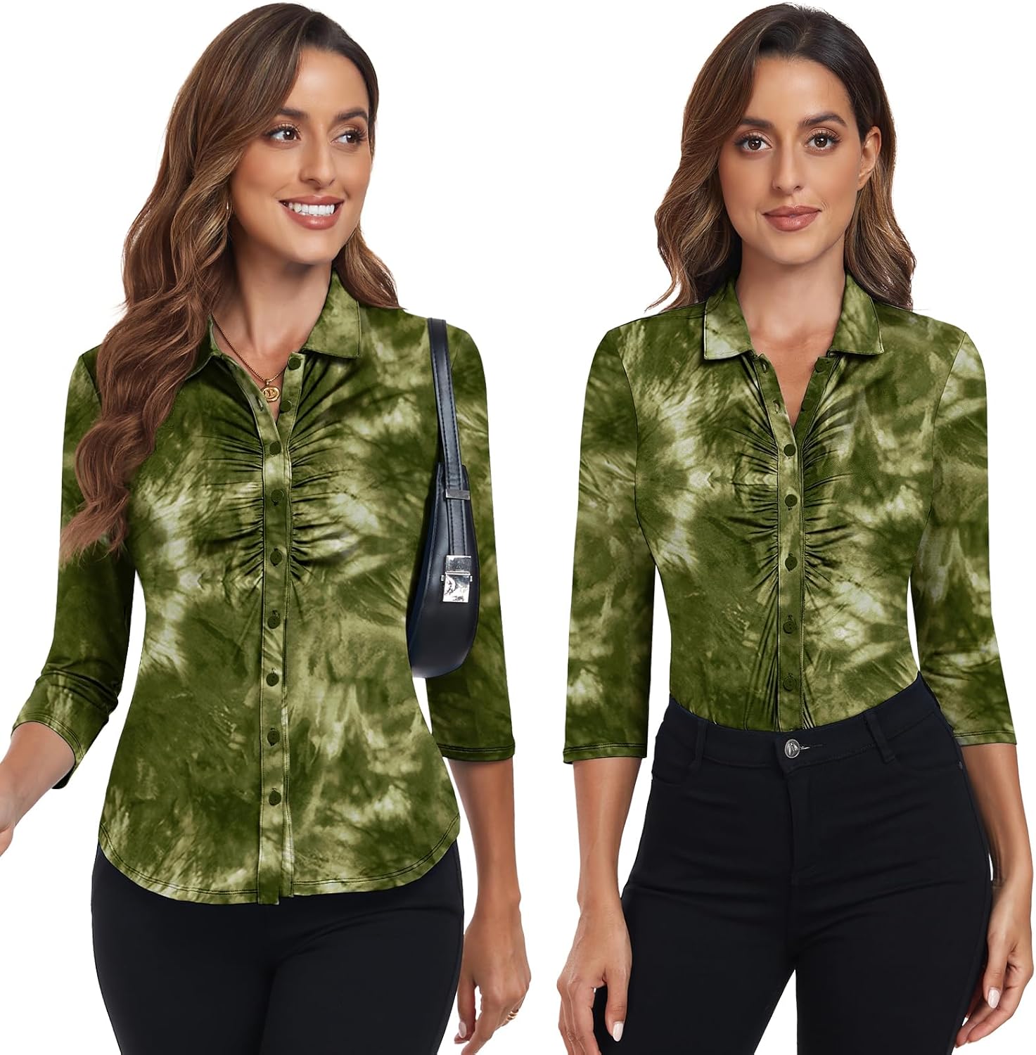 Soneven Women's 3/4 Sleeve Golf Polo Shirts V Neck Ruffle Sleeve Dressy Tops Casual Work Tunic Blouses - Image 2