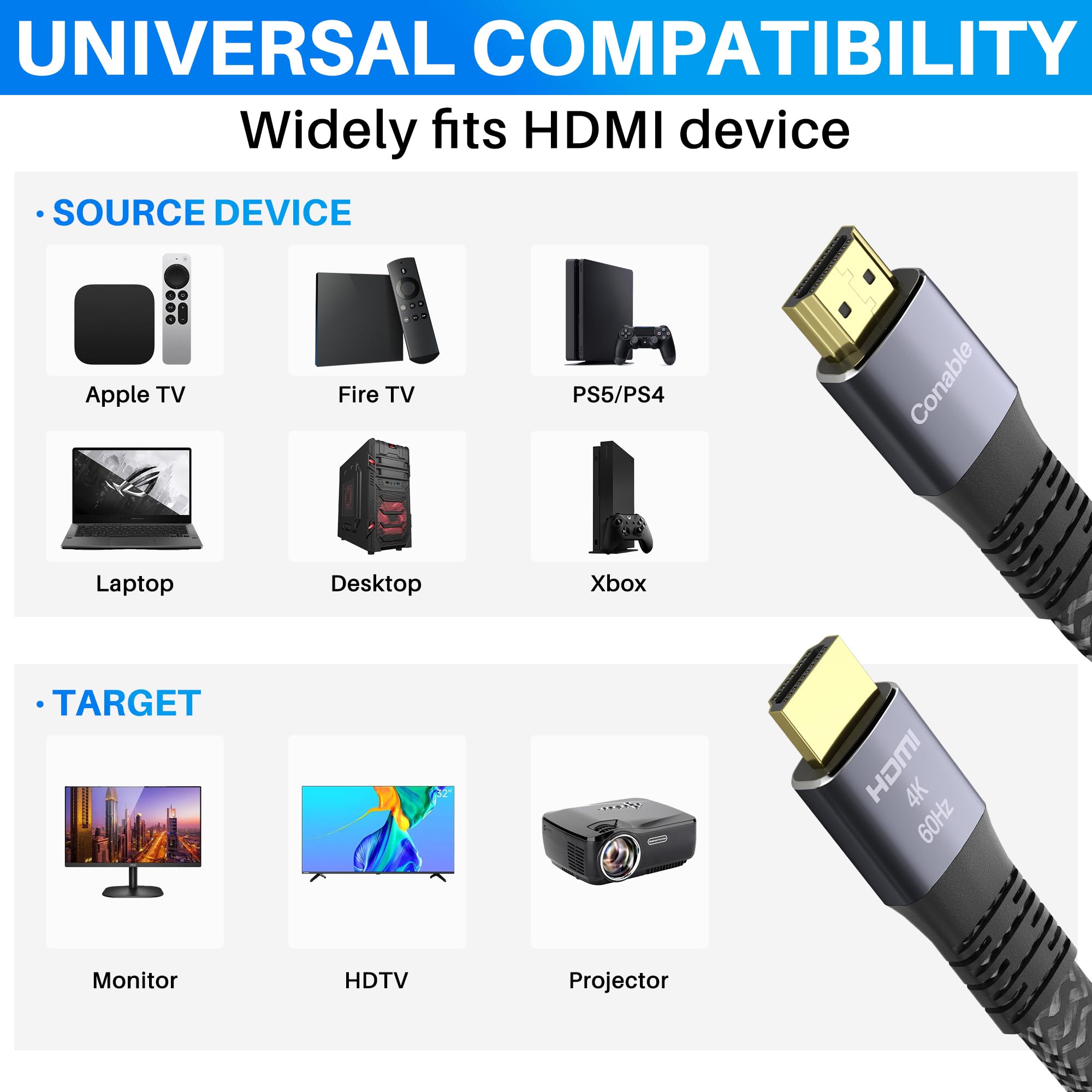 Lot de 2 câbles HDMI plats (1,8 m + 1,8 m), cordon tressé 4K HDMI haute vitesse, cuivre pur, prend en charge 4K @ 60 Hz 2160p 1080p HDR HDCP 2.2 ARC Full 3D (avec 25 attaches et 2 adaptateurs HDMI) -
