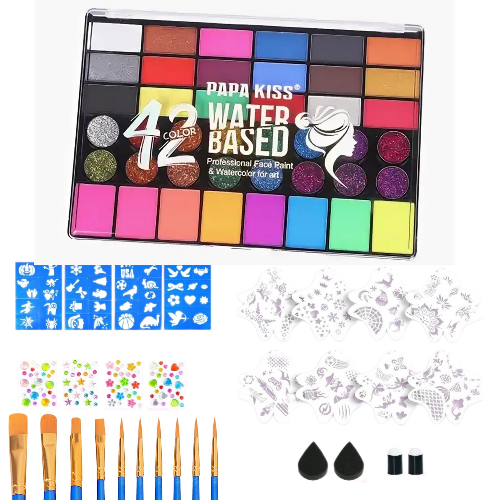 Palette Maquillage Enfant 42 Couleurs, Peinture Corporelle Visage avec 10 Pinceaux, 8 Pochoirs, 4 Éponges, Autocollants & Strass, Idéal Carnaval, Anniversaire, Halloween