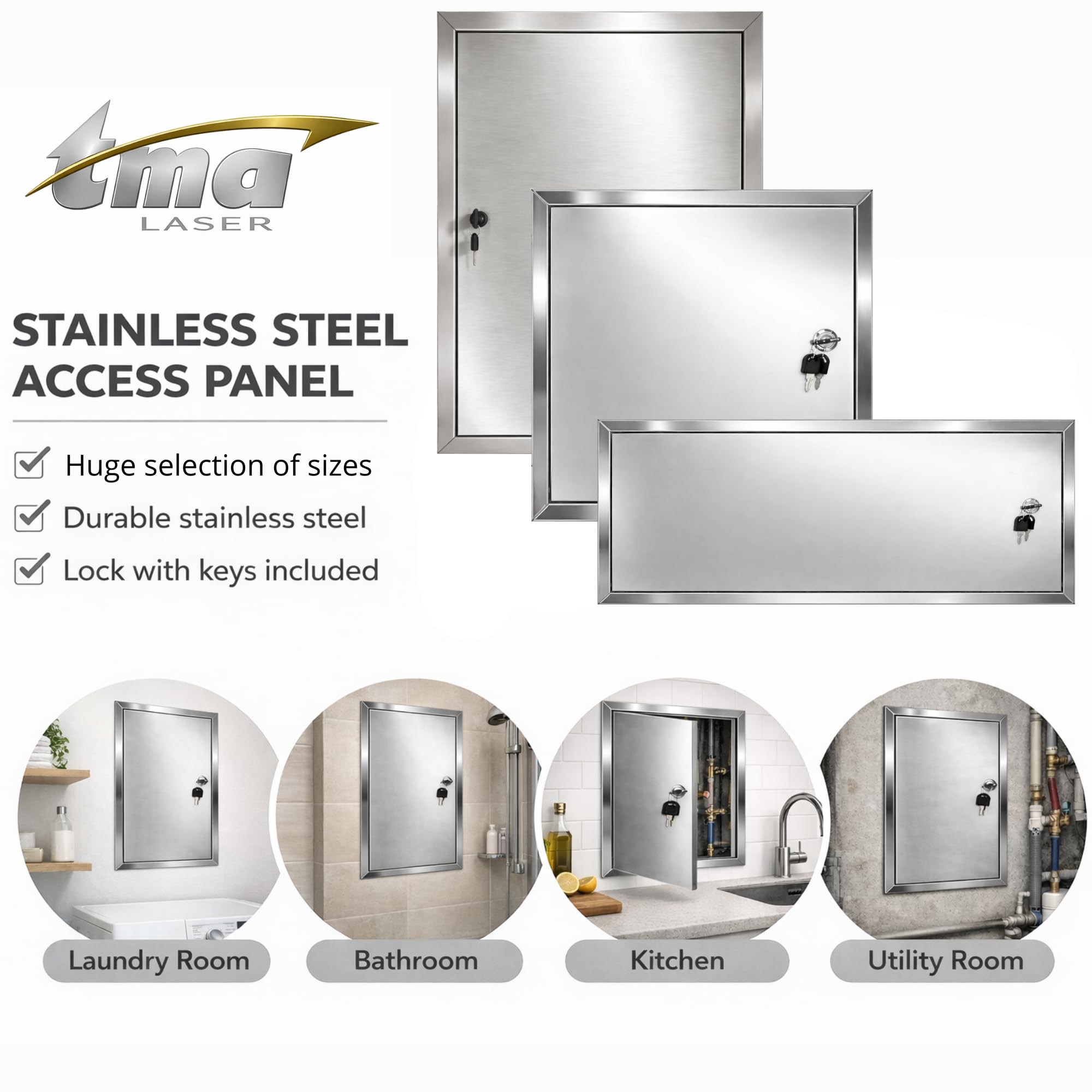 TMALASER Drzwi rewizyjne metalowe 80 x 80 cm Stal nierdzewna – klapa rewizyjna INOX 800 x 800 mm, zamek z kluczem - drzwi inspekcyjne do ścian karton-gips