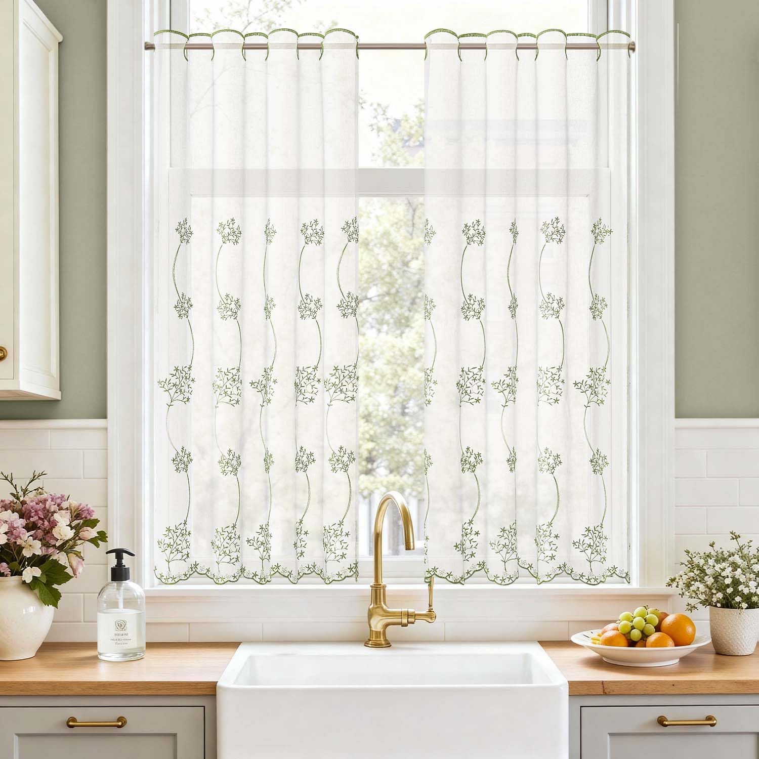 TOPICK Scheibengardine Küche lichtdurchlässig Bistrogardine Wohnzimmer modern Küchengardinen Gardine Schals Fensterschal Kurzgardine für Küche Küchenfenster Landhausstil 2 Stücke B90 x H115cm Grün