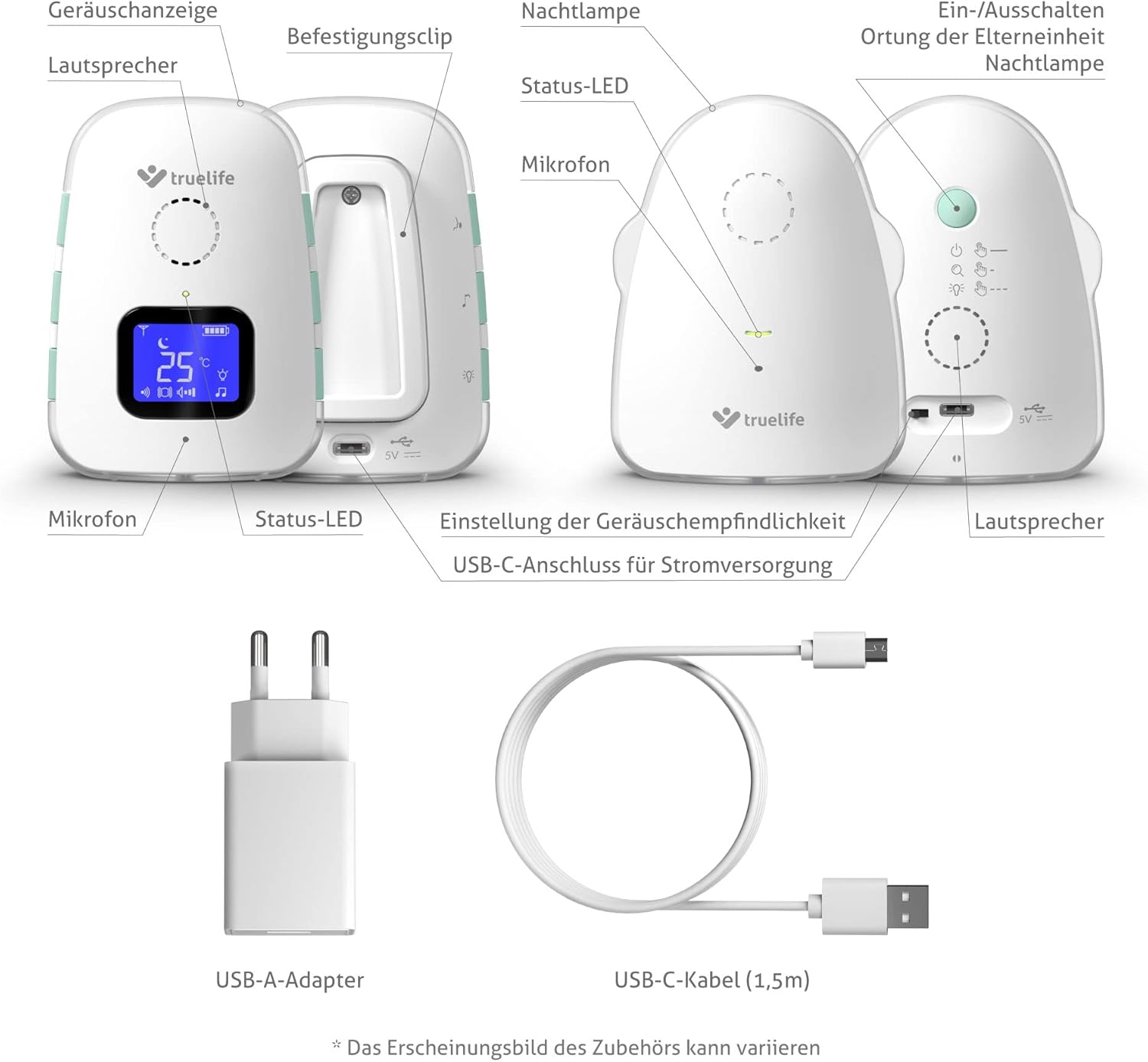 Diagram showing pairing of TrueLife NannyTone VM3 Baby Unit with multiple Parent Units