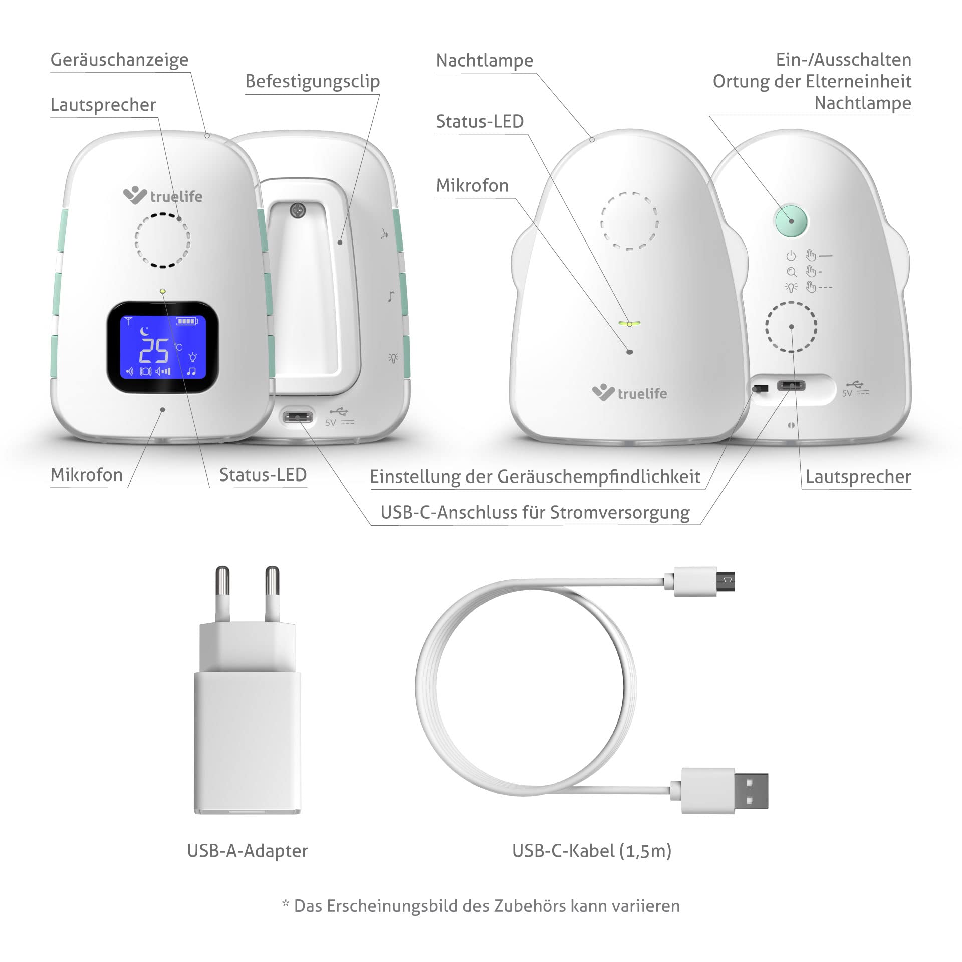 TrueLife NannyTone VM3 Babyphone avec IP67, portée extra large jusqu'à 800 m et 300 m dans les zones construites, avertissement de température 16-30 °C, son cristallin, alimentation par batterie